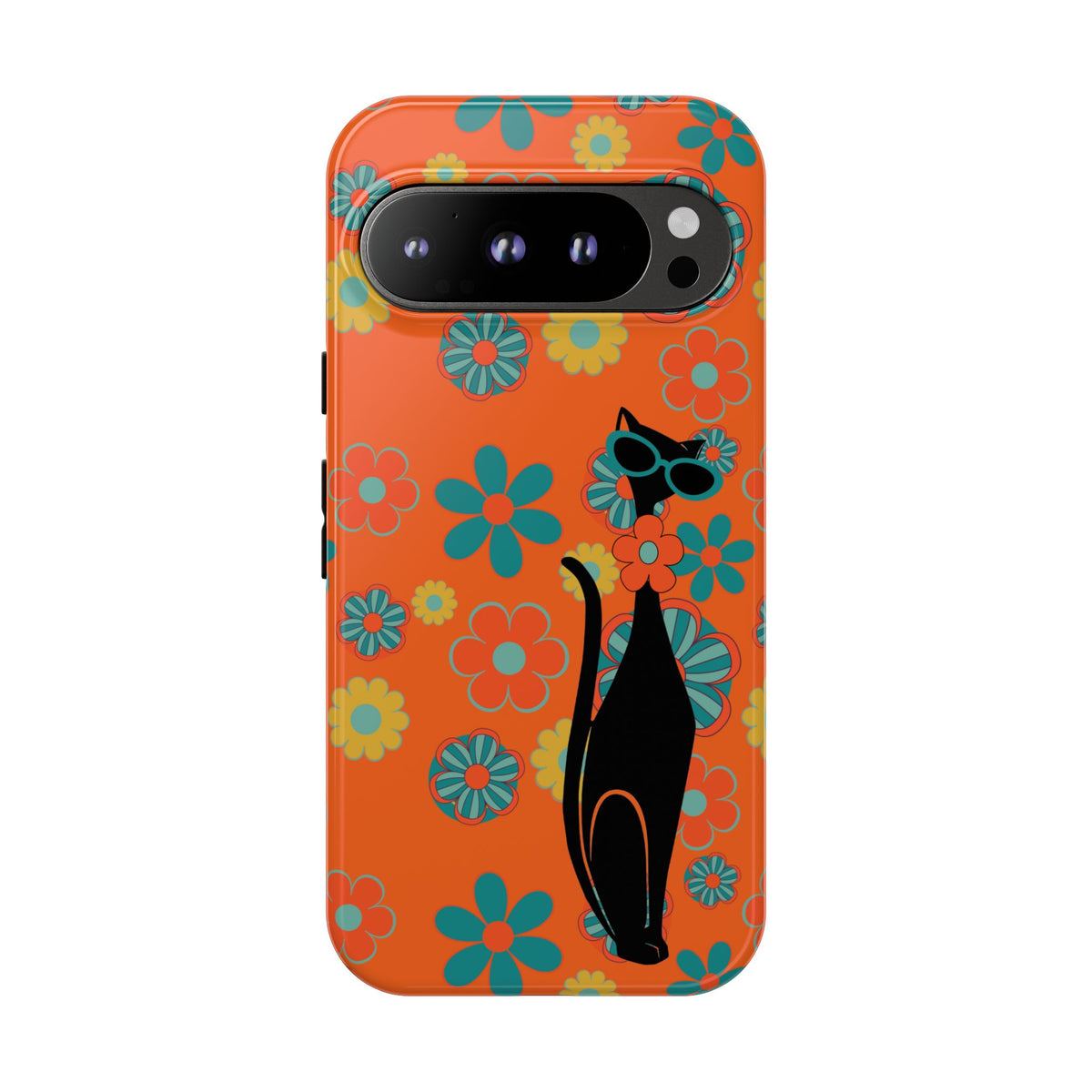Flower Power, Retro Groovy Atomic Cat, Hipster Style Orange Samsung Galaxy and Google Pixel Tough Cases