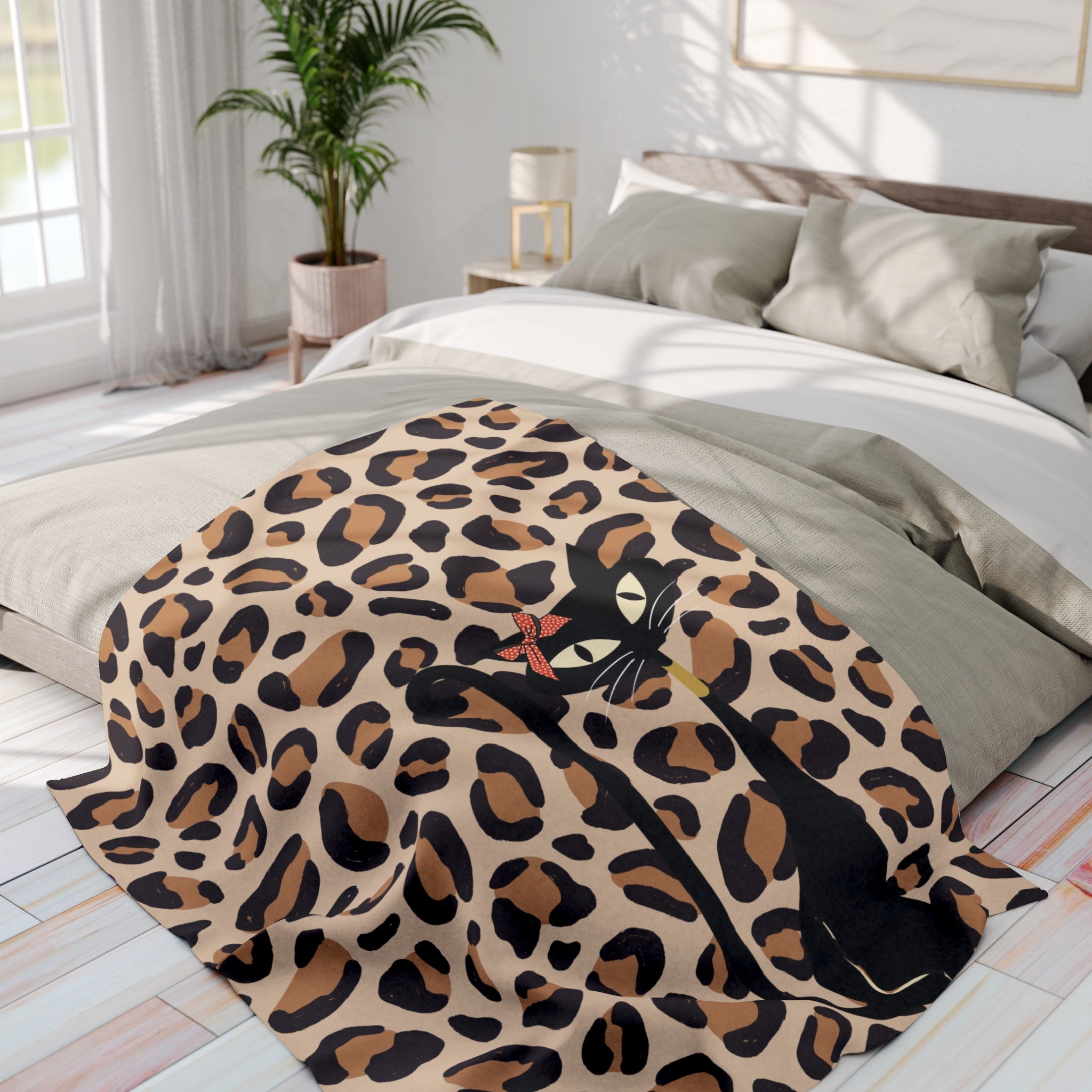 Leopard Print Atomic Cat, Cozy Lightweigt Kitschy Mid Mod Fleece Blanket - Mid Century Modern Gal