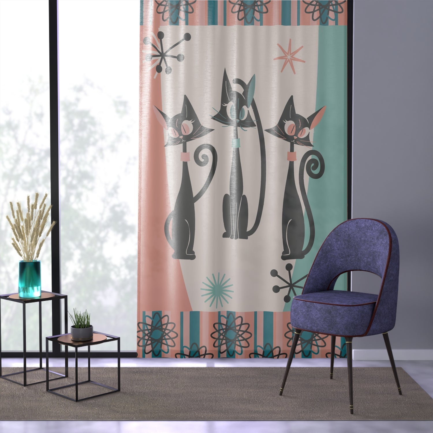 Atomic Kittie Cats, Mid Century Modern Aqua Blue, Pink,  Space Atom Kitschy Quirky Fun Designed Sheer Window Curtain - Mid Century Modern Gal
