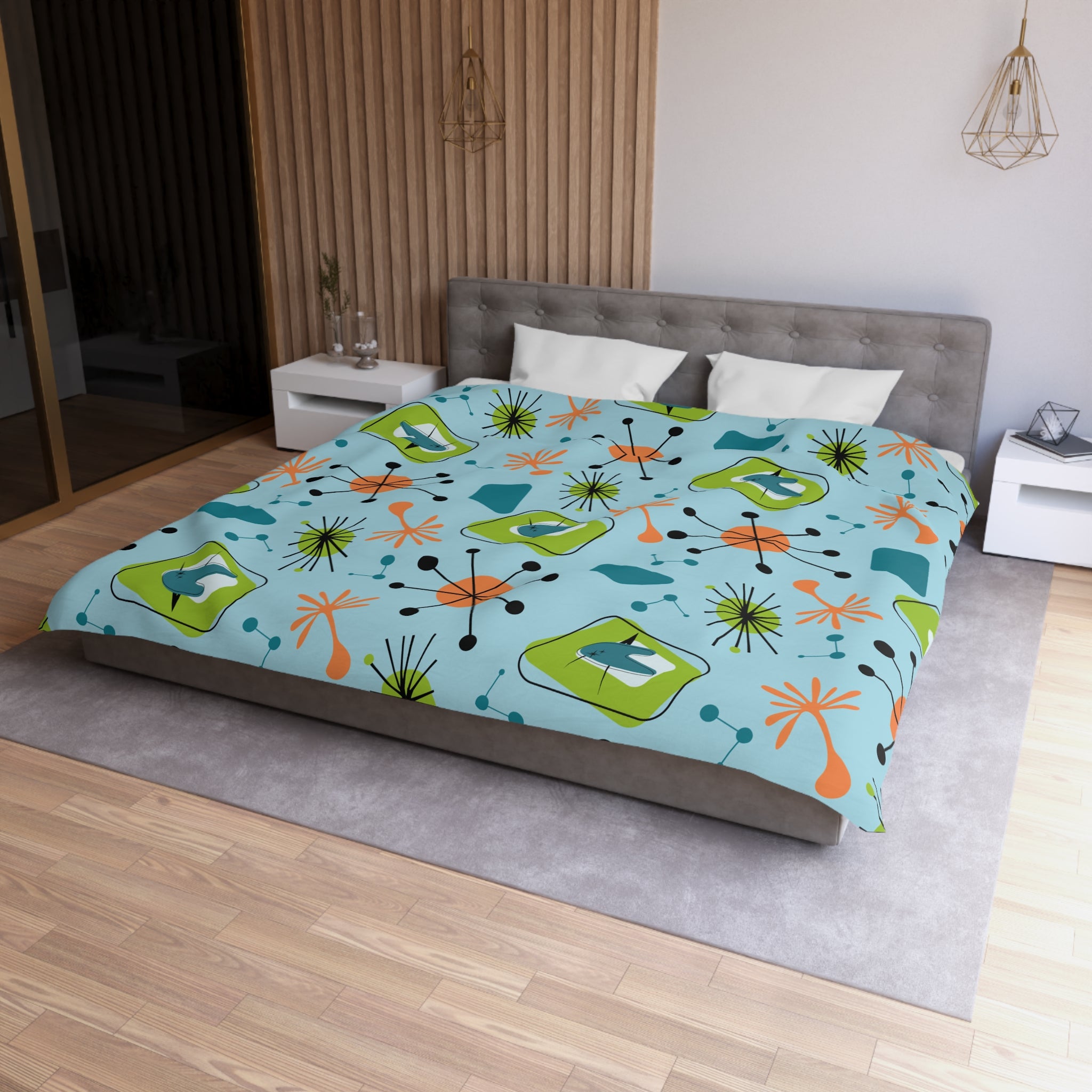 Mid Century Modern Duvet Cover, Atomic Starbursts Boomerangs, Orange, Blue, Green Duvet Cover - Mid Century Modern Gal