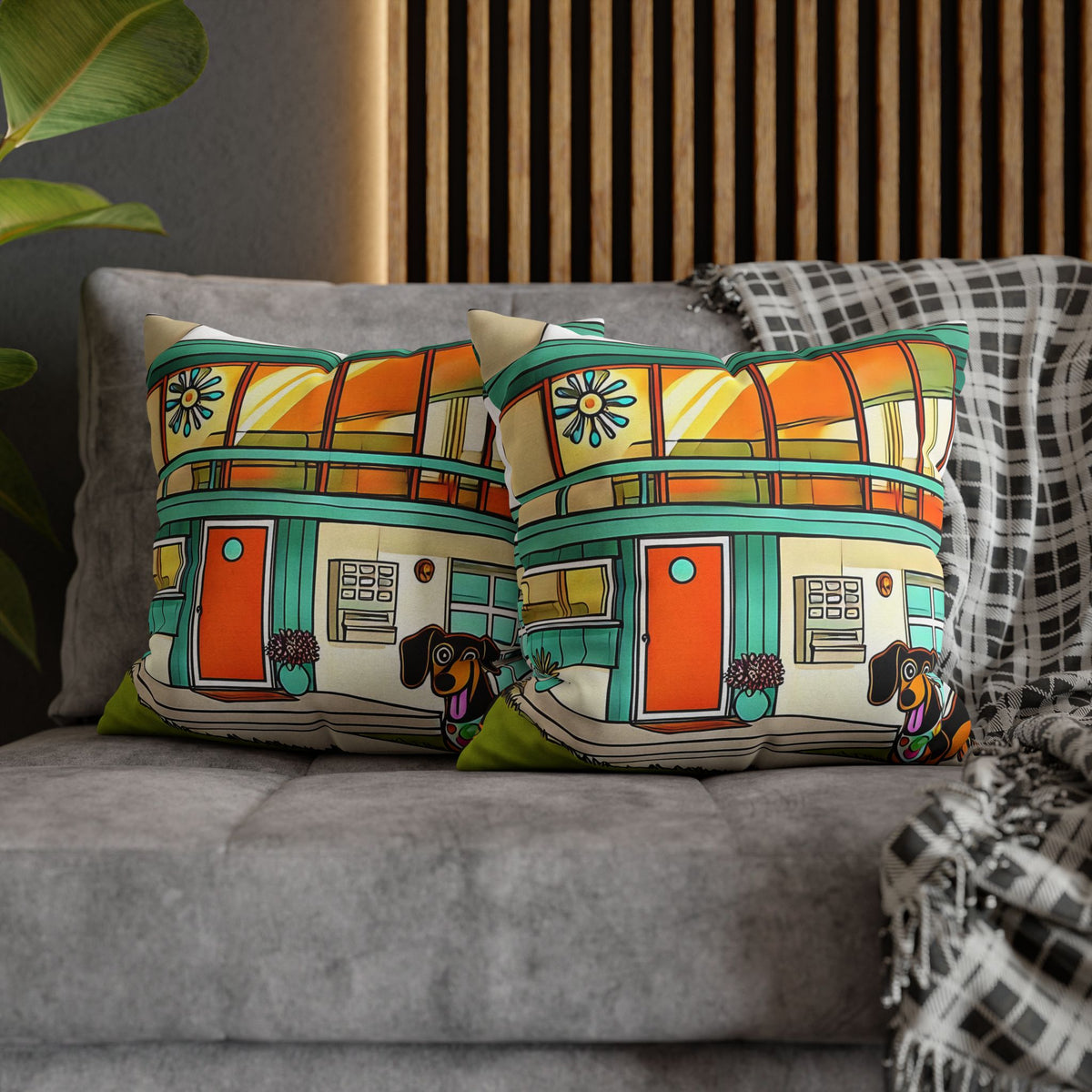 Doxie Dog Dwelling, Kitschy Mid Century Modern Pillow COVER Only - Mid Century Modern Gal