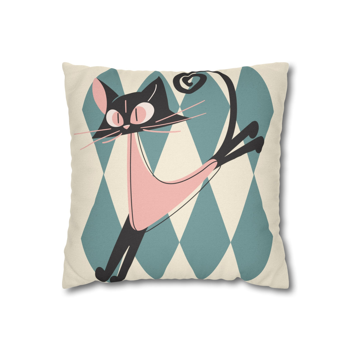 Atomic Kittie, Boomerang Mid Mod Atomic Cat, Harlequin Diamond Kitschy Pillow Cover - Mid Century Modern Gal
