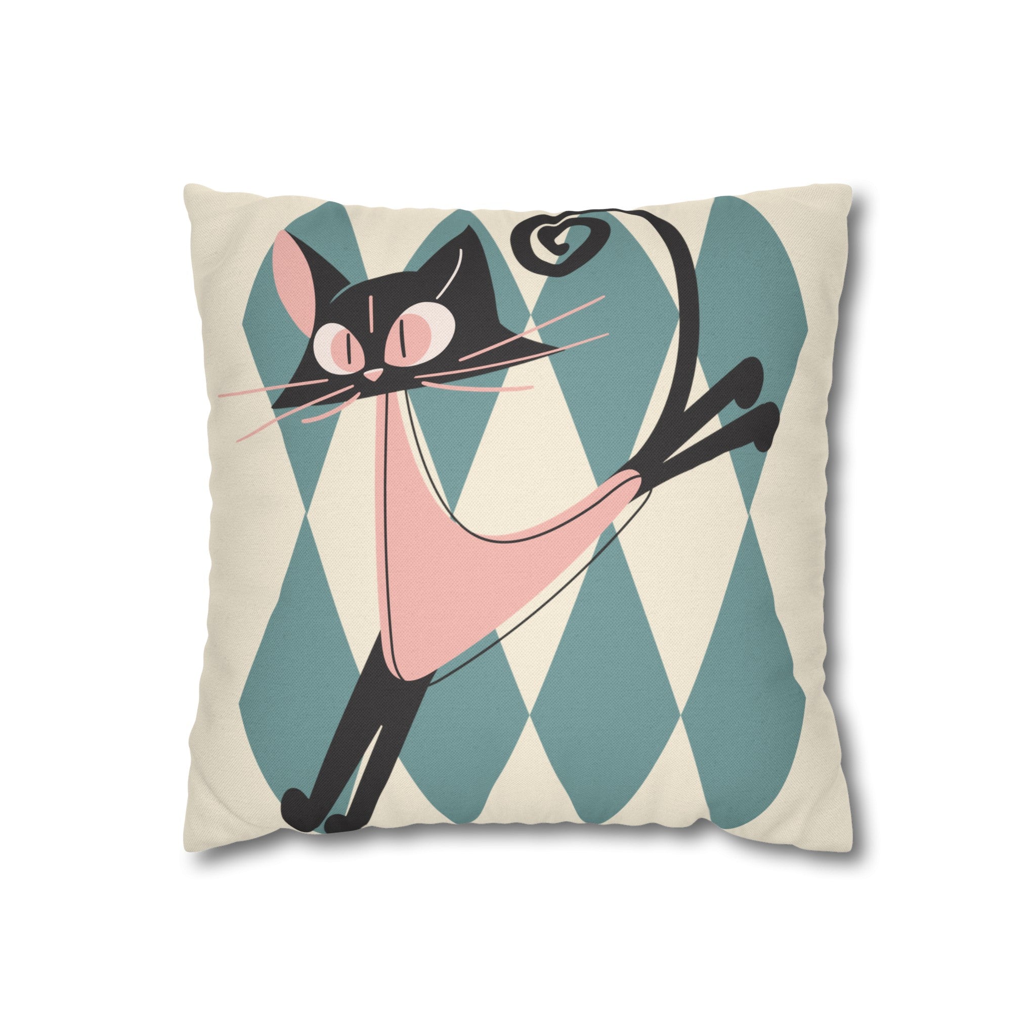 Atomic Kittie, Boomerang Mid Mod Atomic Cat, Harlequin Diamond Kitschy Pillow Cover - Mid Century Modern Gal