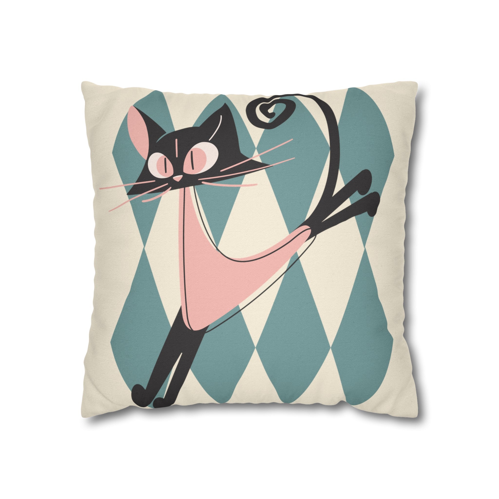 Atomic Kittie, Boomerang Mid Mod Atomic Cat, Harlequin Diamond Kitschy Pillow Cover - Mid Century Modern Gal