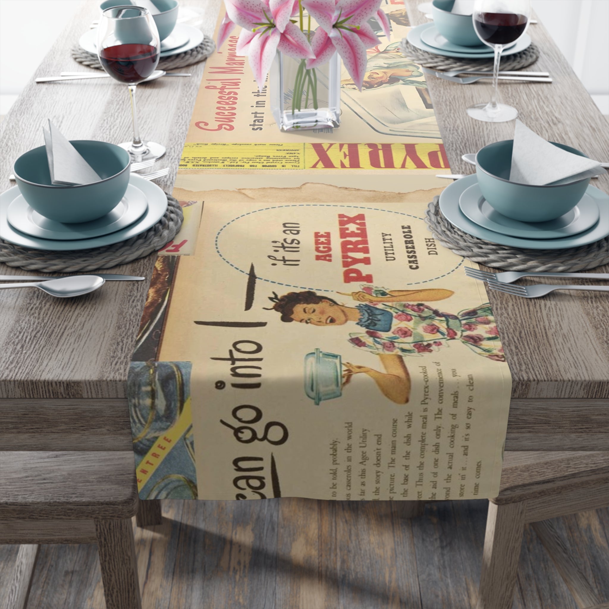 Vintage Pyrex Kitchen Ads, Mod Kitschy 50s Table Runner - Mid Century Modern Gal