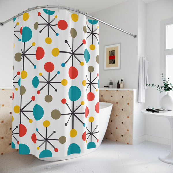 RETRO Atomic Mid Century Modern Teal, Green, Yellow, Starburst Clock MCM Home Decor Shower Curtains