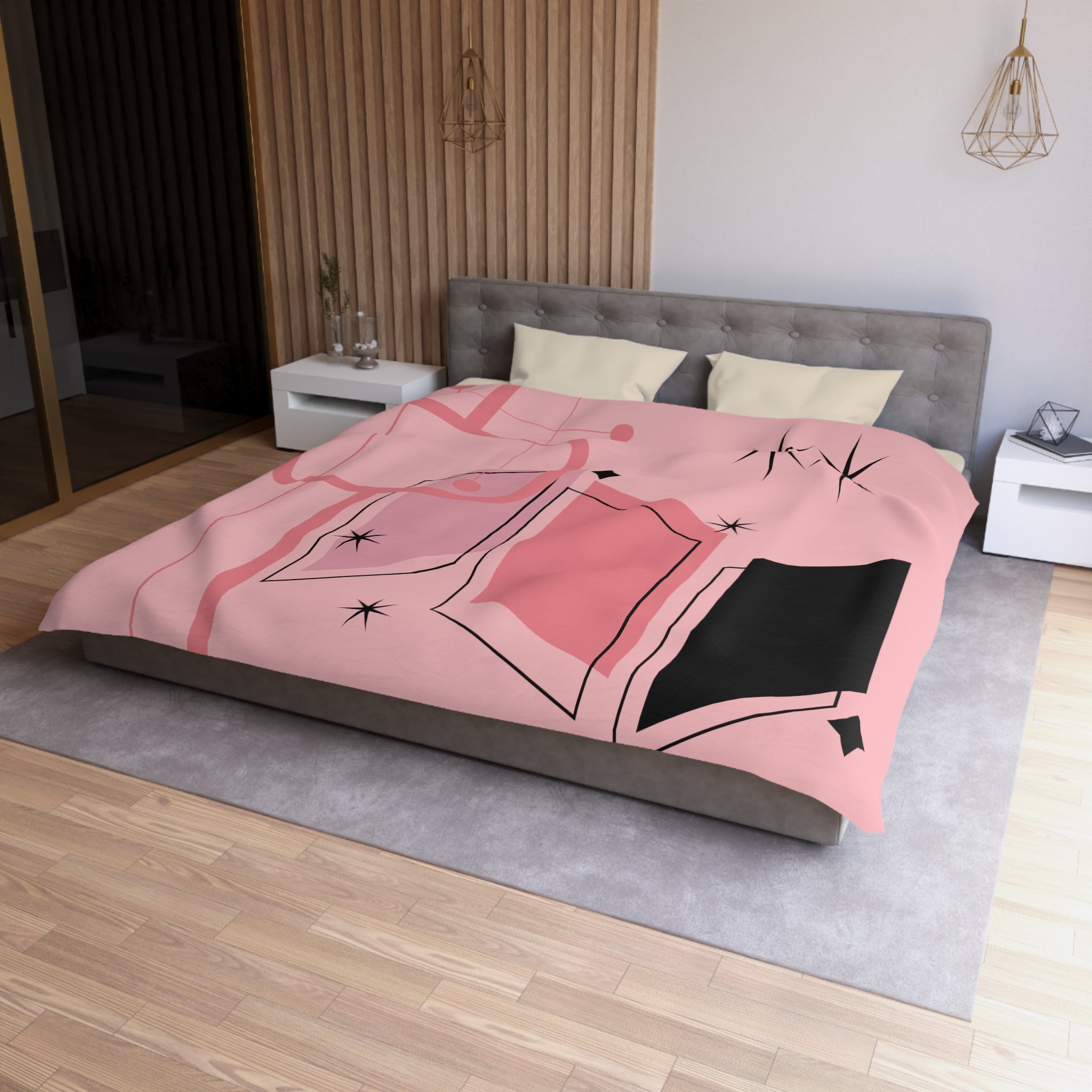 Atomic Pink Mid Century Modern Duvet Cover, Black, Starburst Geometric Retro Room Decor - Mid Century Modern Gal