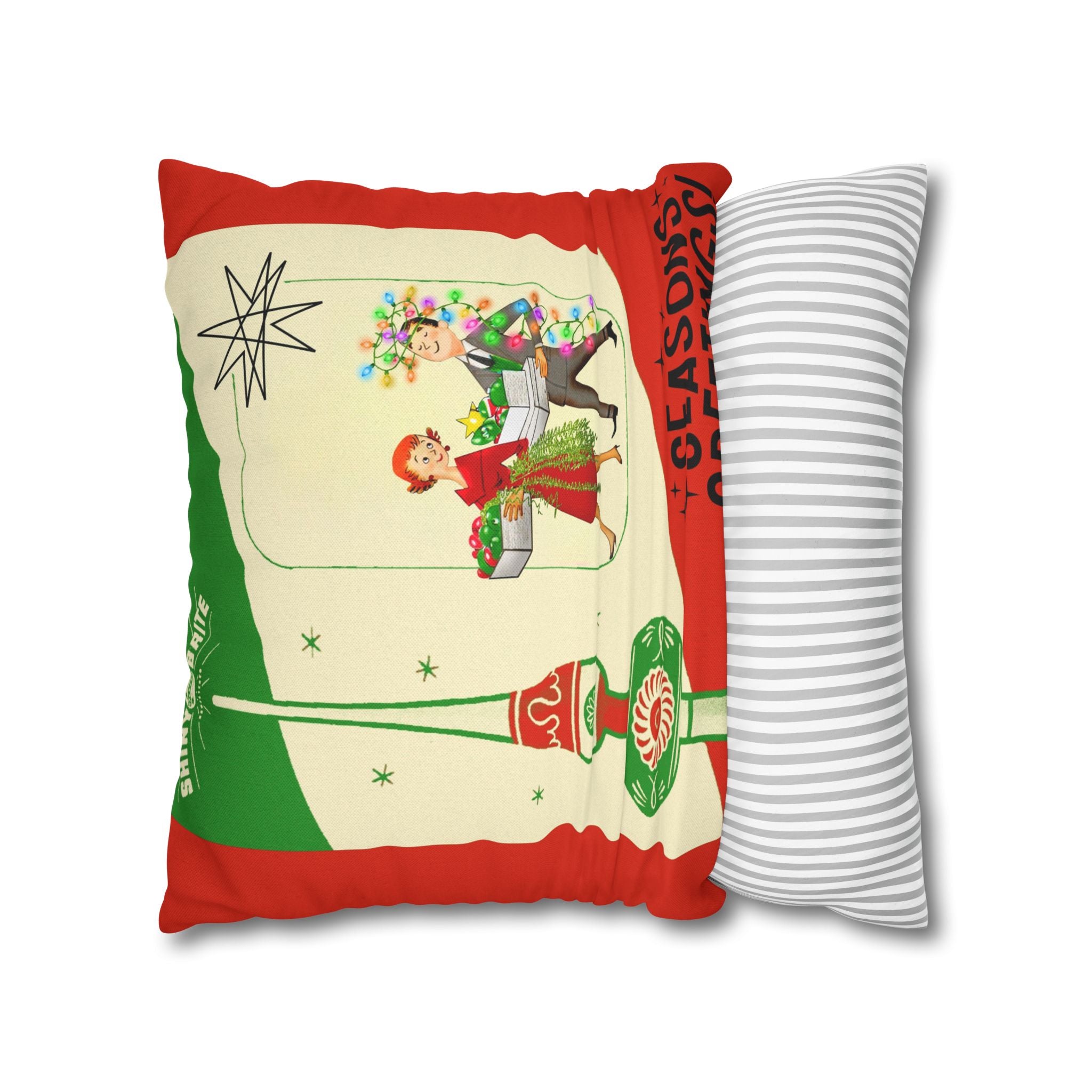 Shiny Brite Holiday Pillow Cover, Mid Century Modern Kitschy Couple Season Greetings - Mid Century Modern Gal