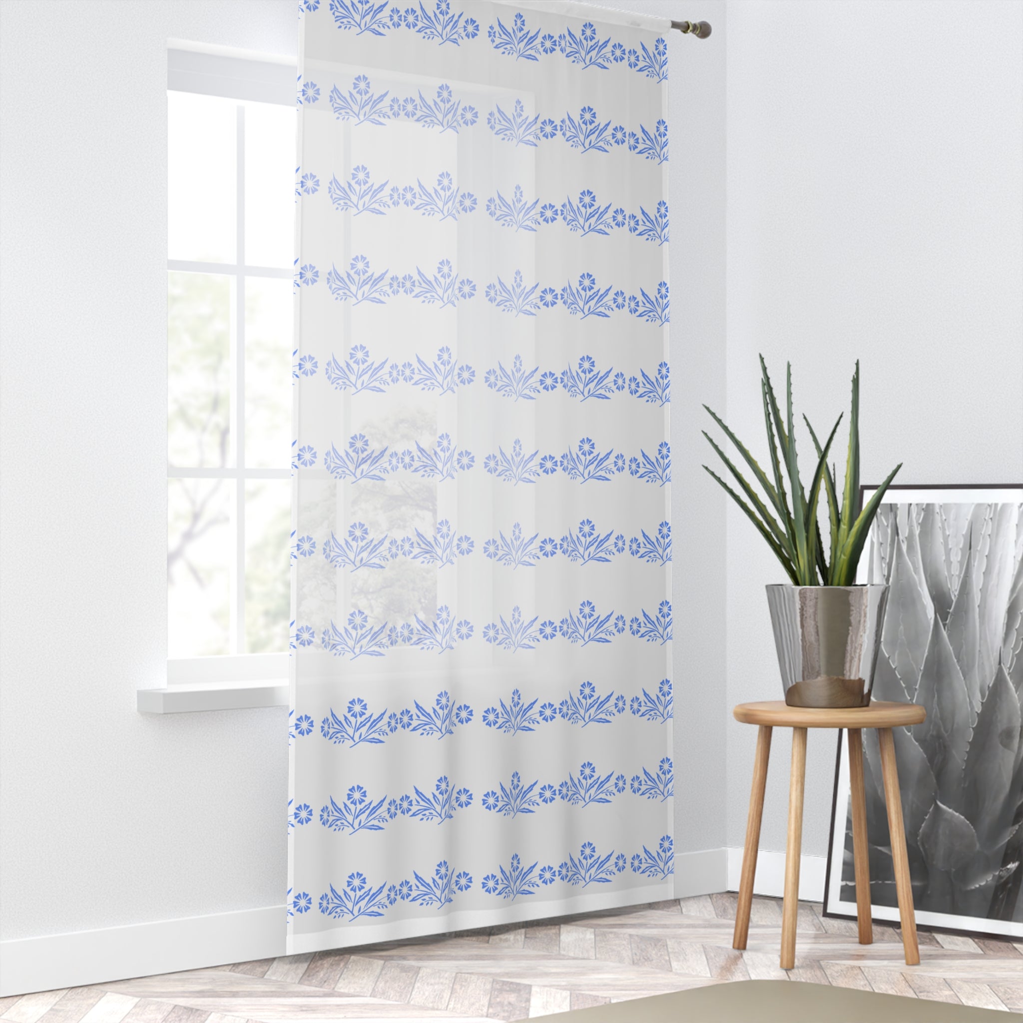 Cornflower Blue And White Kitschy Cheery Sheer Window Curtain - Mid Century Modern Gal