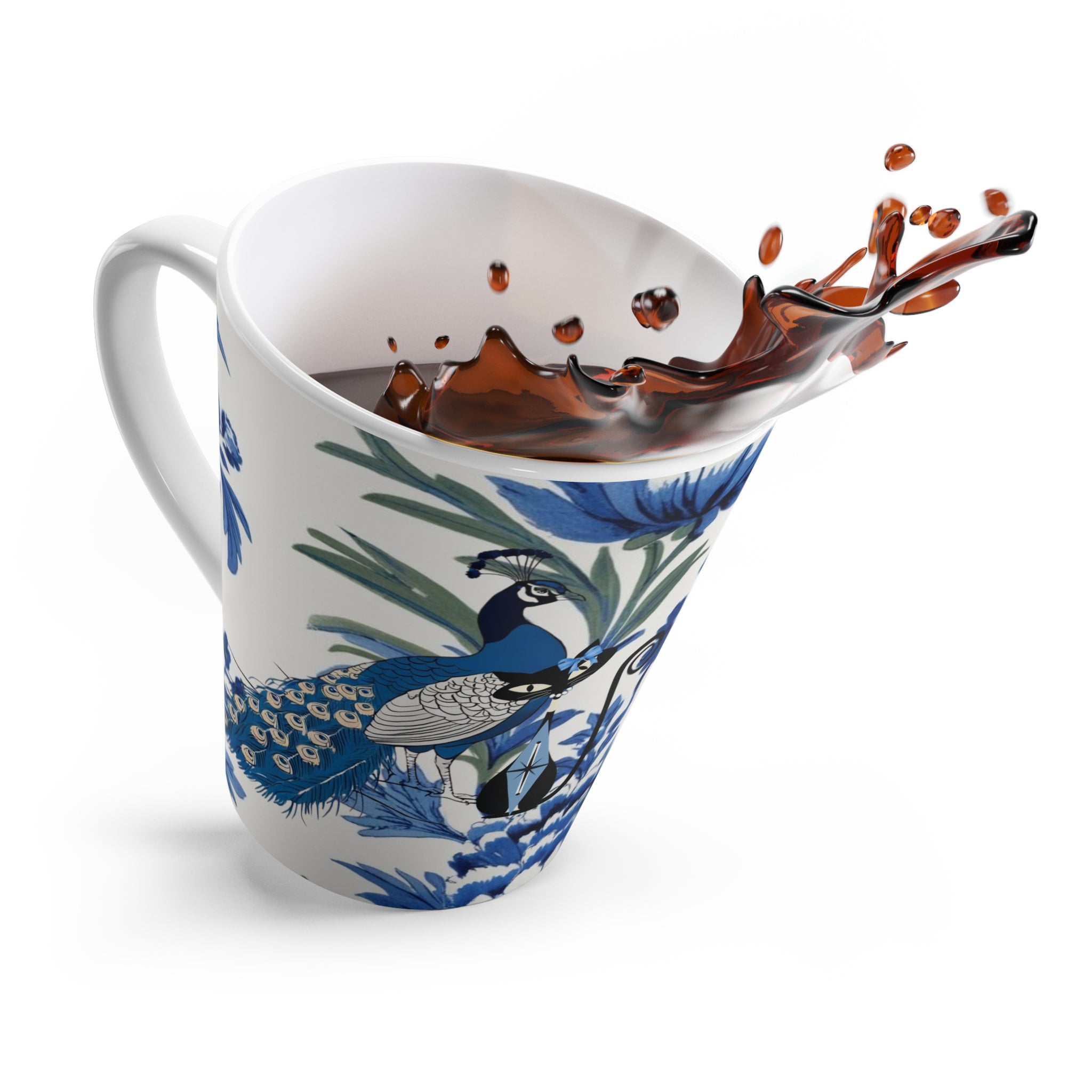 Chinoiserie Elegant Peacock, Atomic Cat Black Cat Lover, Latte Mug - Artistic Blue Floral Design - Mid Century Modern Gal