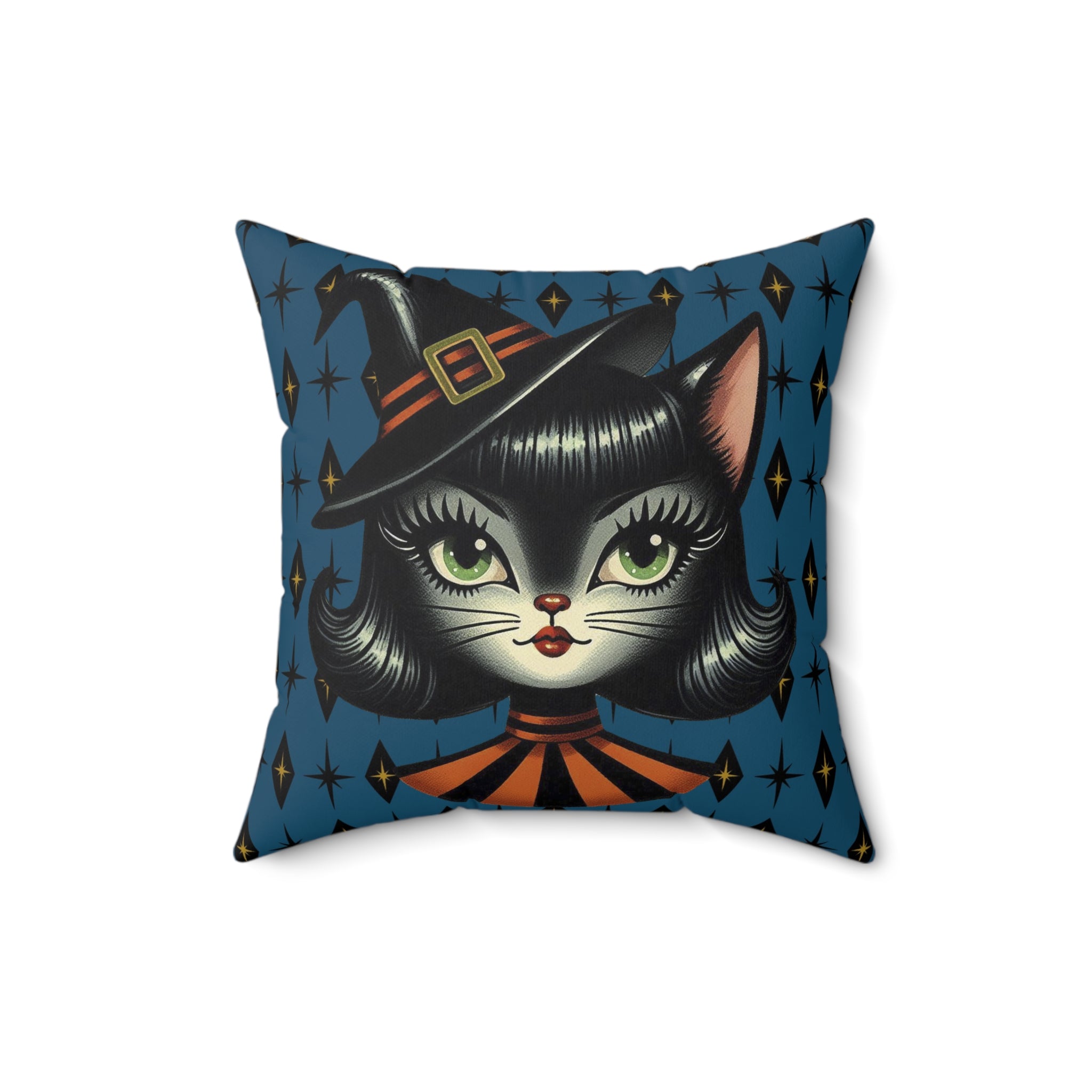 Vintage Halloween Black Cat Sexy Sexton Mid Century Modern Blue Pillow Cover and Insert - Mid Century Modern Gal