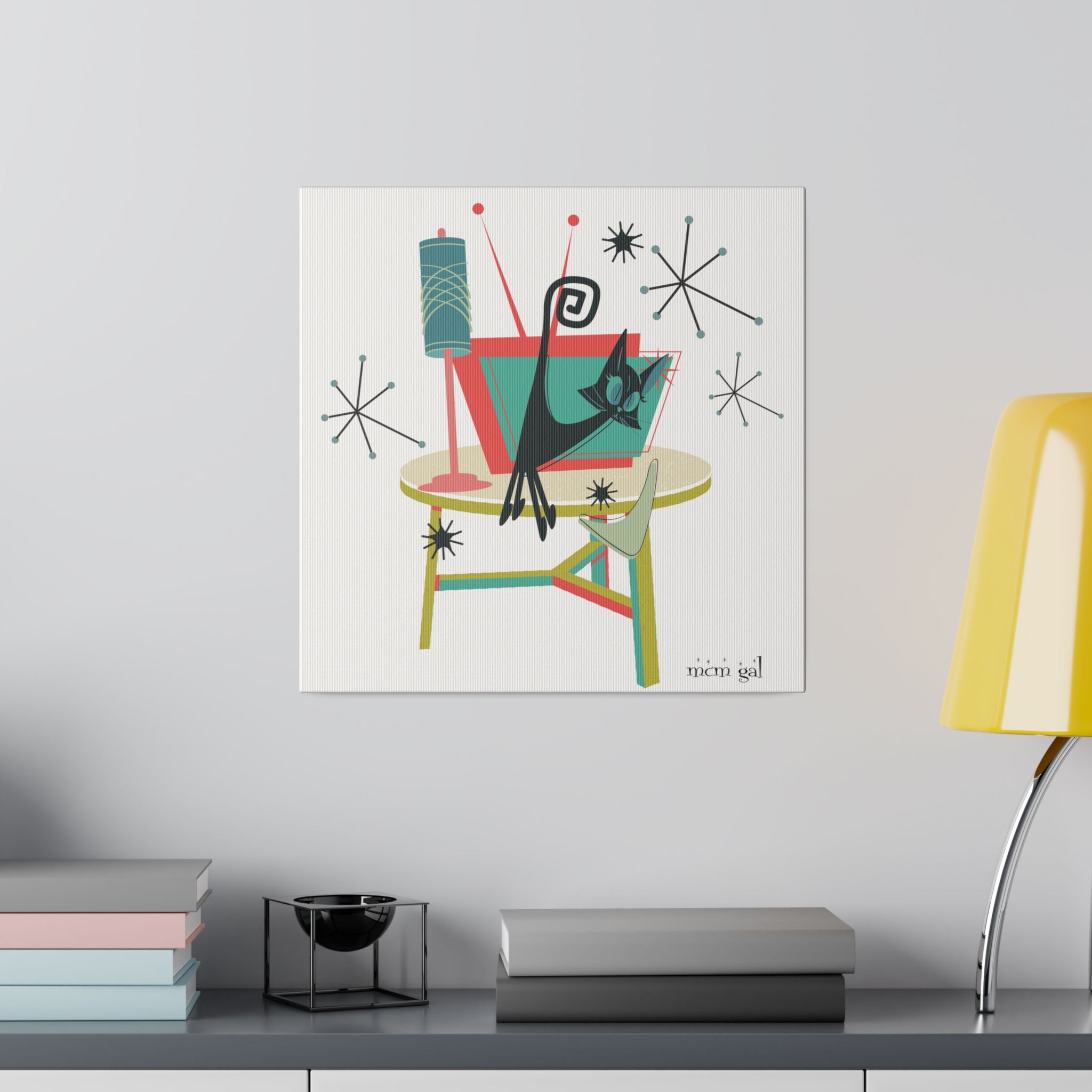 Atomic Cat Art, Quirky Kookie Mid Century Modern Matte Canvas - Mid Century Modern Gal