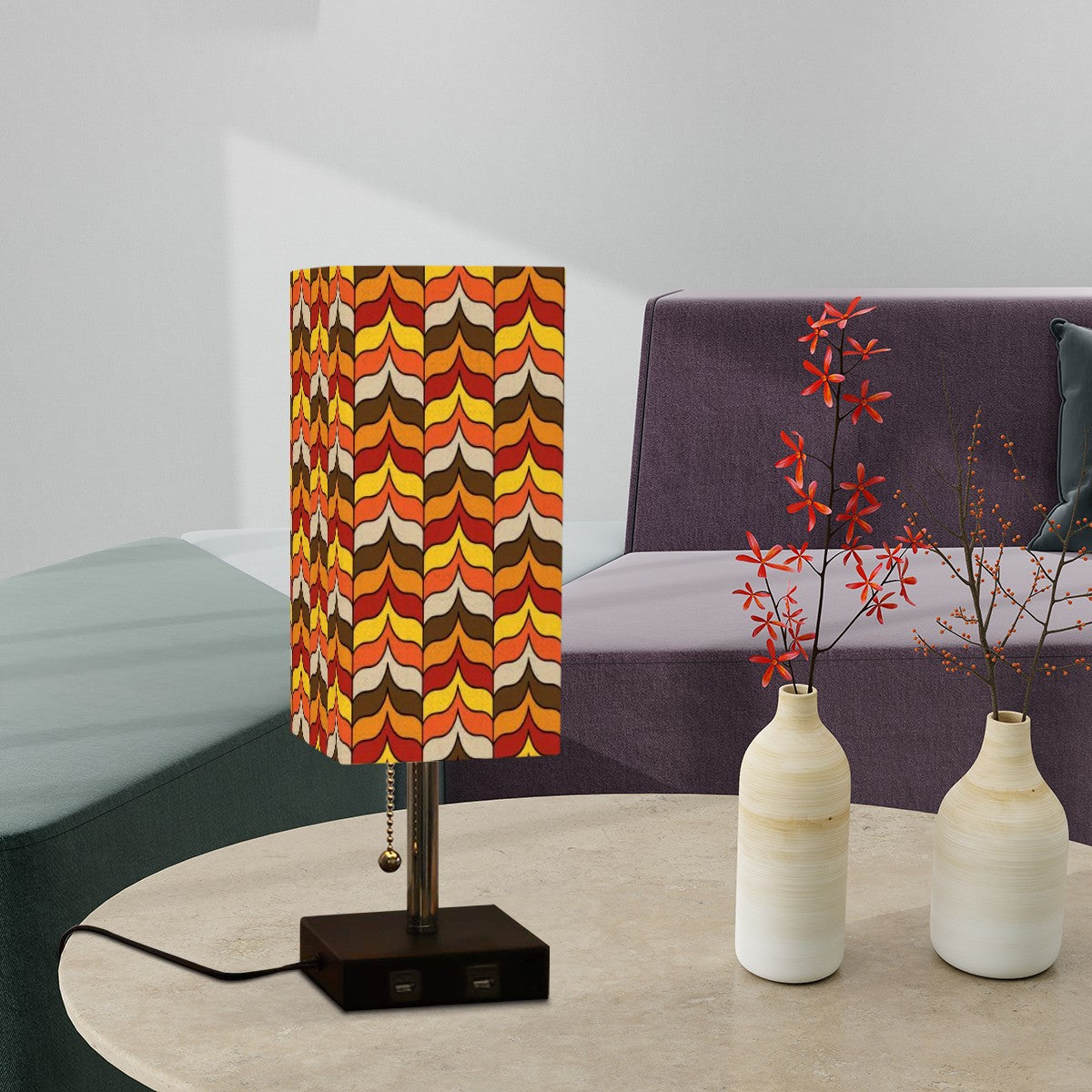 Scandinavian Retro Brown, Mustard Yellow, Orange, MCM Square Table Lamp - Mid Century Modern Gal