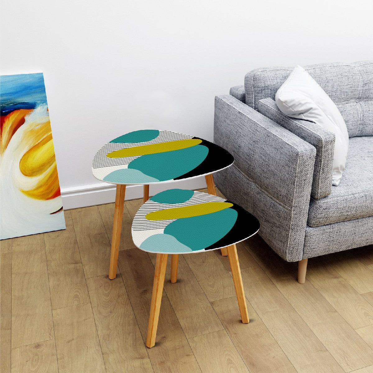 Mid Century Modern Geometric Teal, Green Black Aqua Mod Retro Nesting Tables - Mid Century Modern Gal