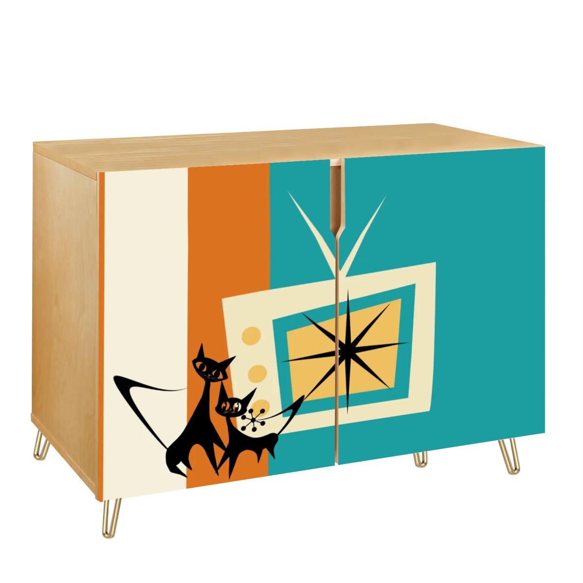 Mid Century Modern TV Credenza, Storage Cabinet Adorned WIth Atomic Kitschy Cats - Mid Century Modern Gal