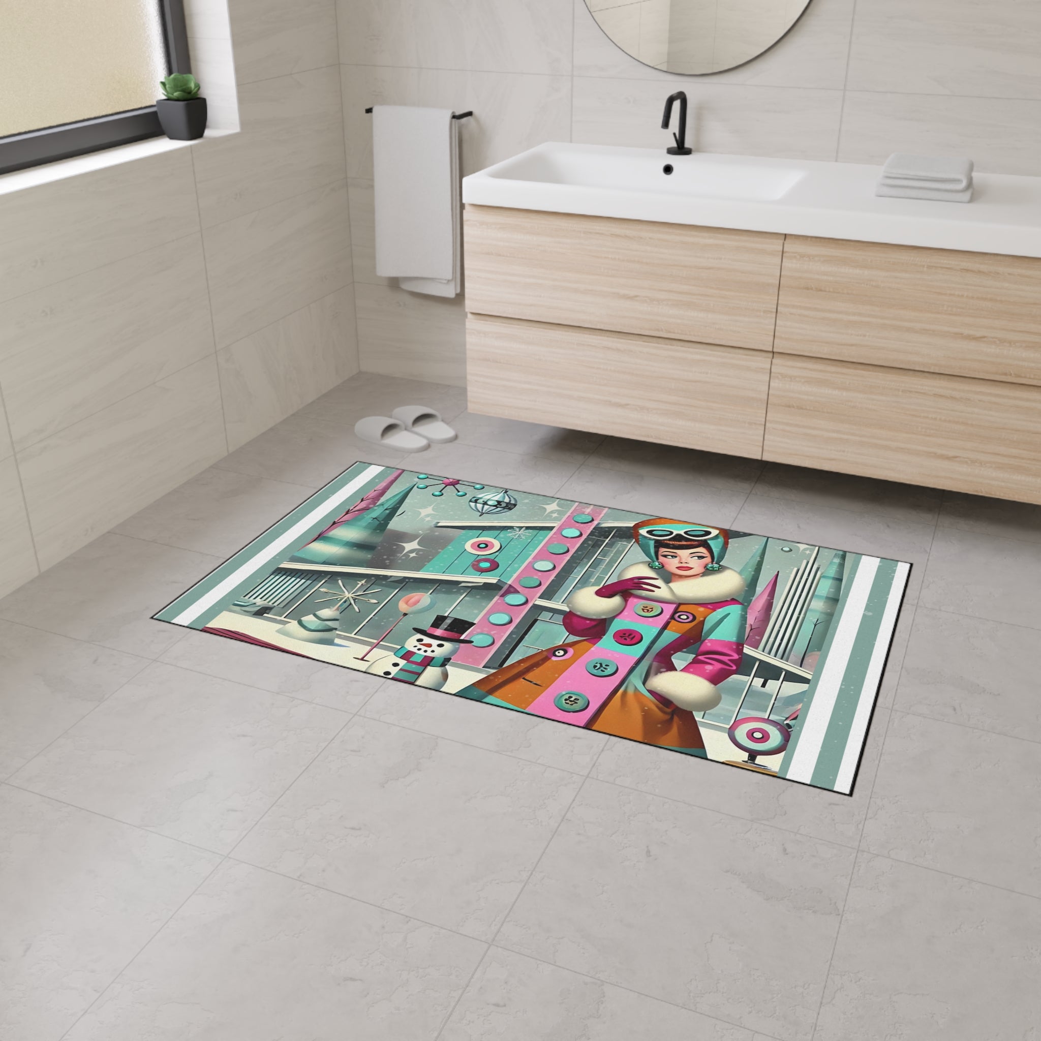 Vintage Mod Gal Retro Holiday Heavy Duty Floor Mat with Winter Scene Design - Mid Century Modern Gal