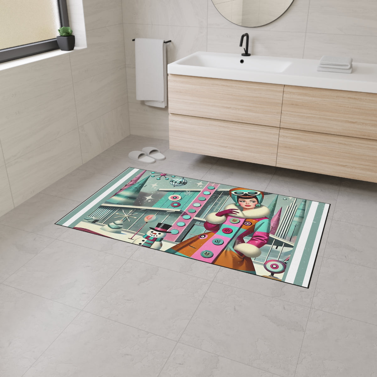 Vintage Mod Gal Retro Holiday Heavy Duty Floor Mat with Winter Scene Design - Mid Century Modern Gal