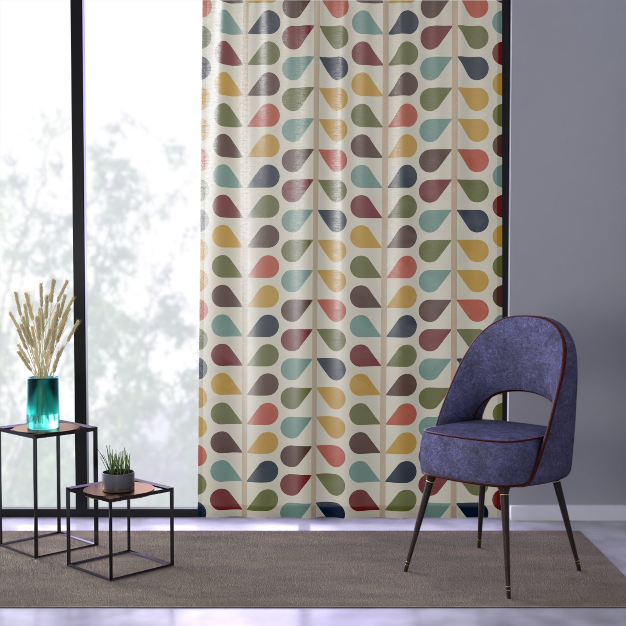 Modern Danish, Scandinavian Flower Design, Minimalist, Mid Century Modern Custom Curtains, Green, Yellow, Orange, Aqua Blue, Retro Mod Sheer Curtain - Mid Century Modern Gal