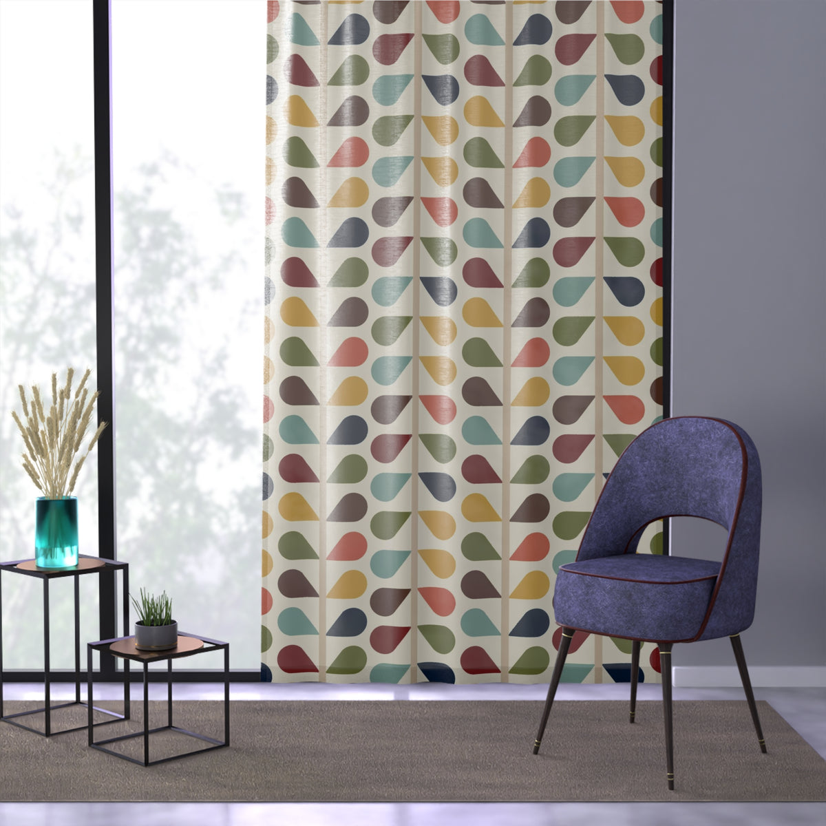 Modern Danish, Scandinavian Flower Design, Minimalist, Mid Century Modern Custom Curtains, Green, Yellow, Orange, Aqua Blue, Retro Mod Sheer Curtain - Mid Century Modern Gal