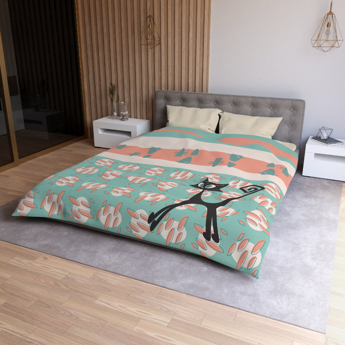 50s Nostalgic Atomic Cat Mid Century Modern Aqua, Coral Pink Peach, Kitschy Mid Century Modern Duvet Cover - Mid Century Modern Gal