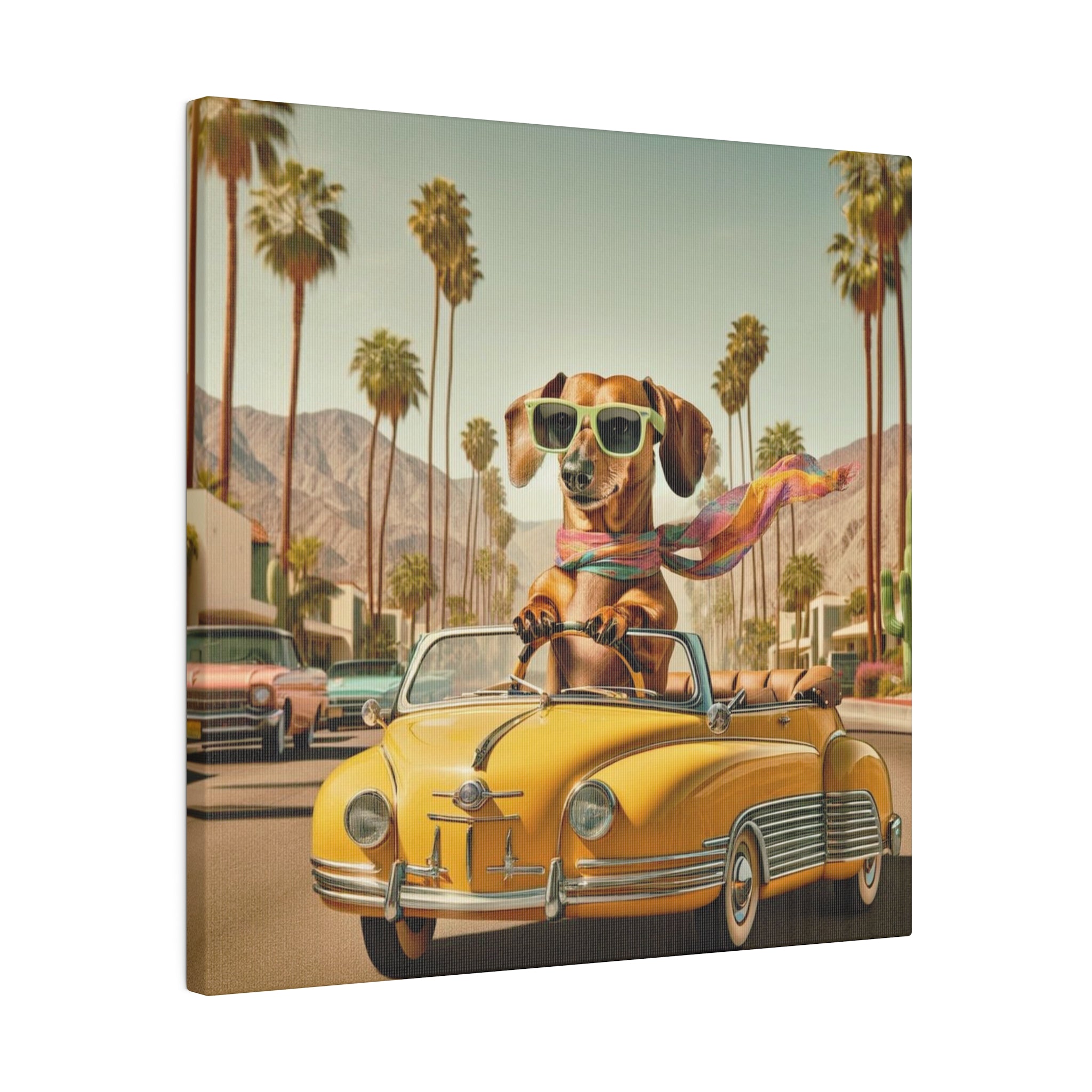 Funny Doxie Dachshund Palm Spring California Driving 50s Inspired Kitschy Wall Art - Mid Century Modern Gal