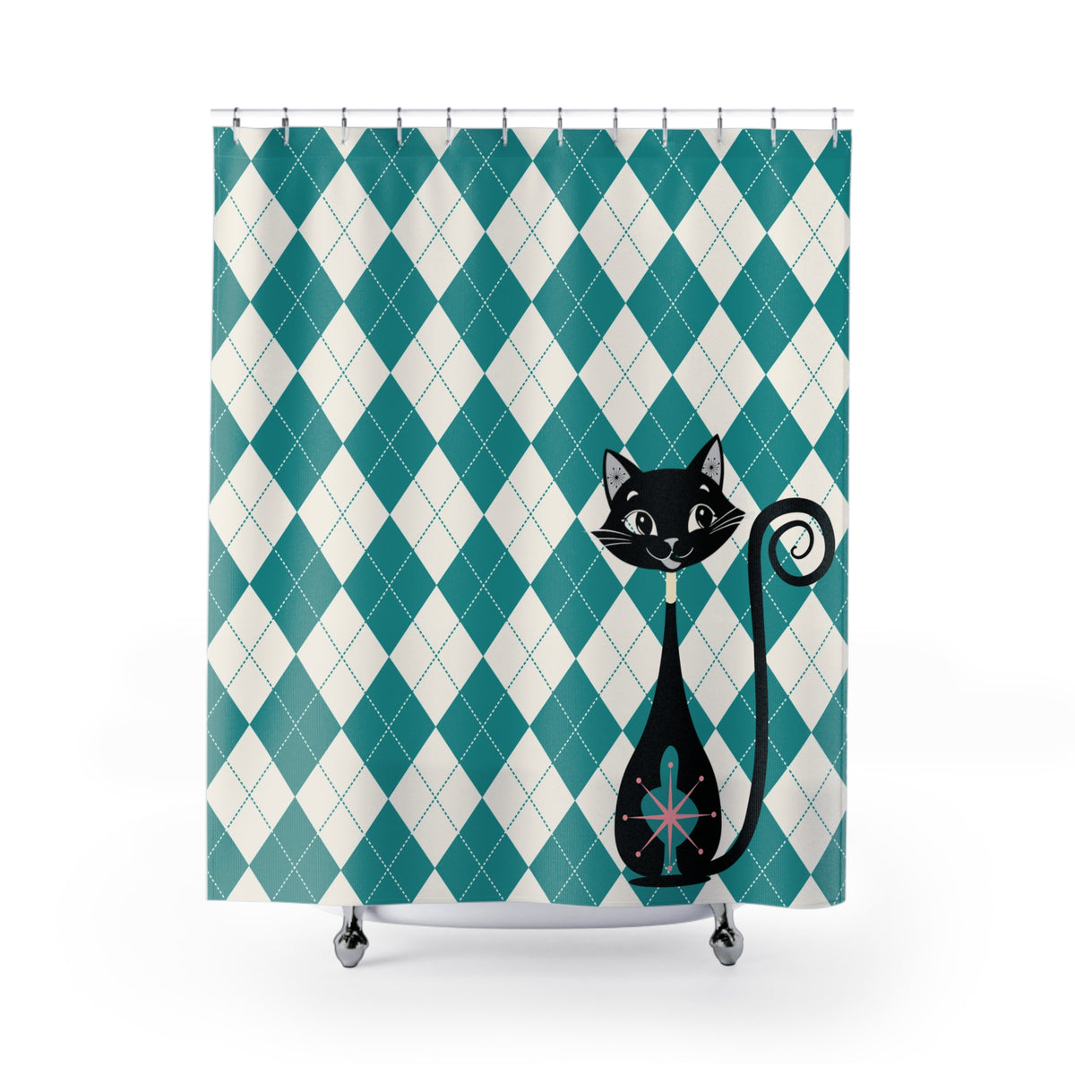 Atomic Cat Harlequin Diamond Teal, White Vintage Cat Pattern Shower Curtain - Stylish Bathroom Decor - Mid Century Modern Gal