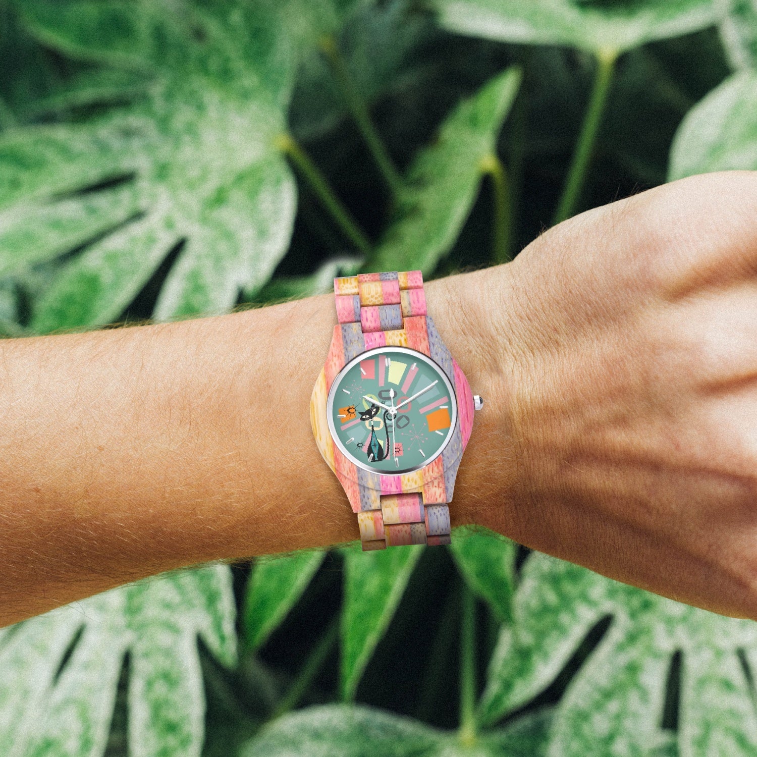 Atomic Cat, Kitschy Kitty Bamboo Watch Time Piece, Unique Colorful Mod Watch - Mid Century Modern Gal