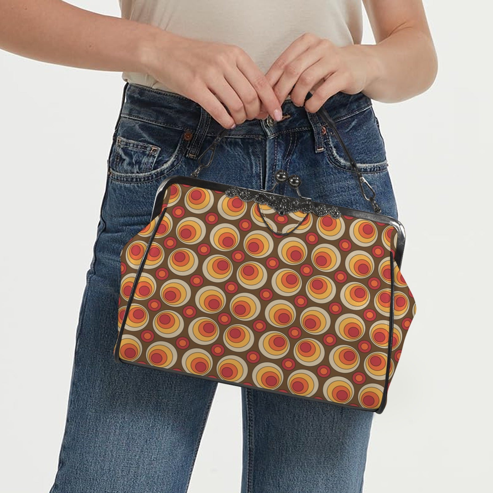 Mid Century Modern Retro Orbs Brown Orange Yellow Mod Kisslock Crossbody Purse - Mid Century Modern Gal