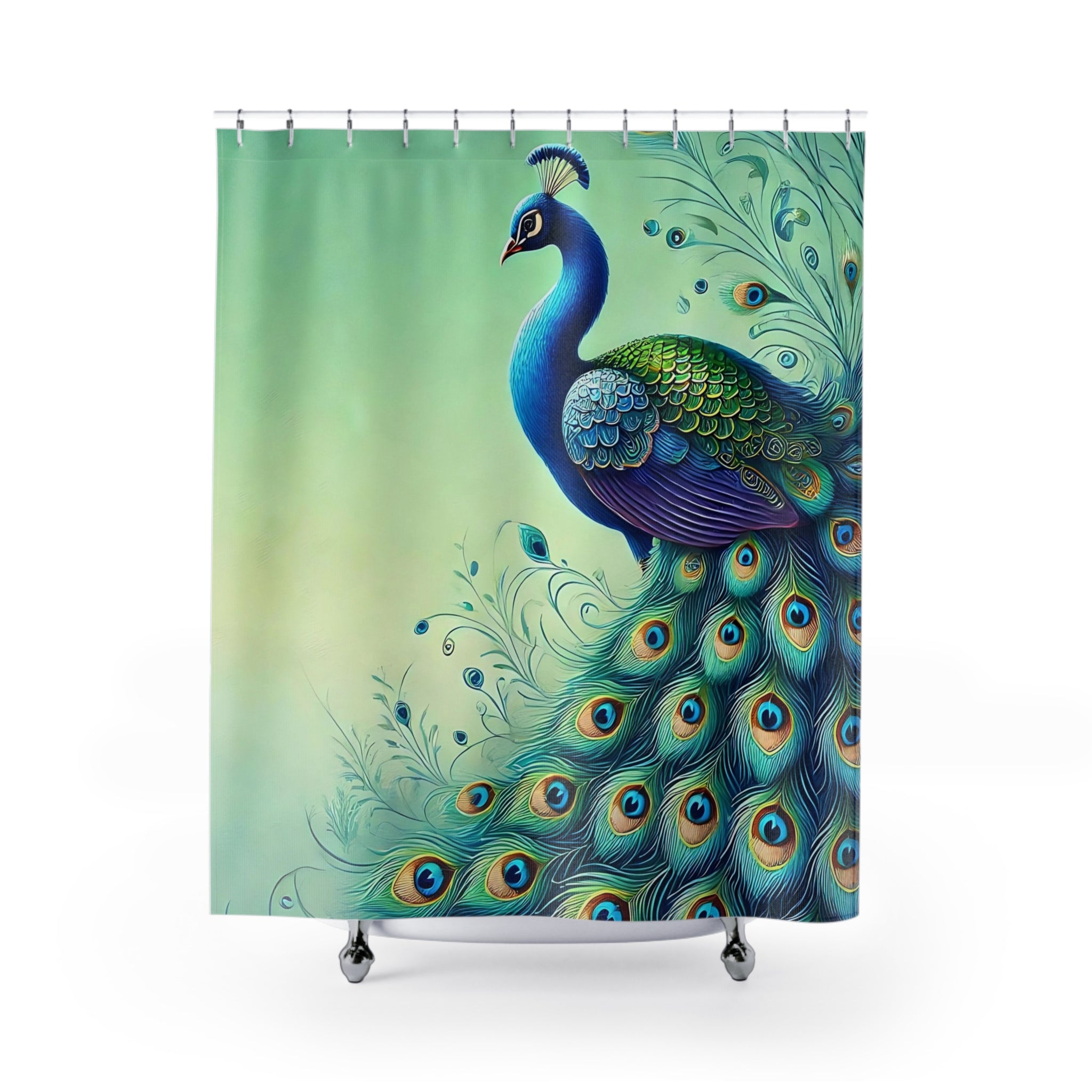 Chinoiserie Elegant Peacock Shower Curtain - Vibrant Bathroom Decor - Mid Century Modern Gal