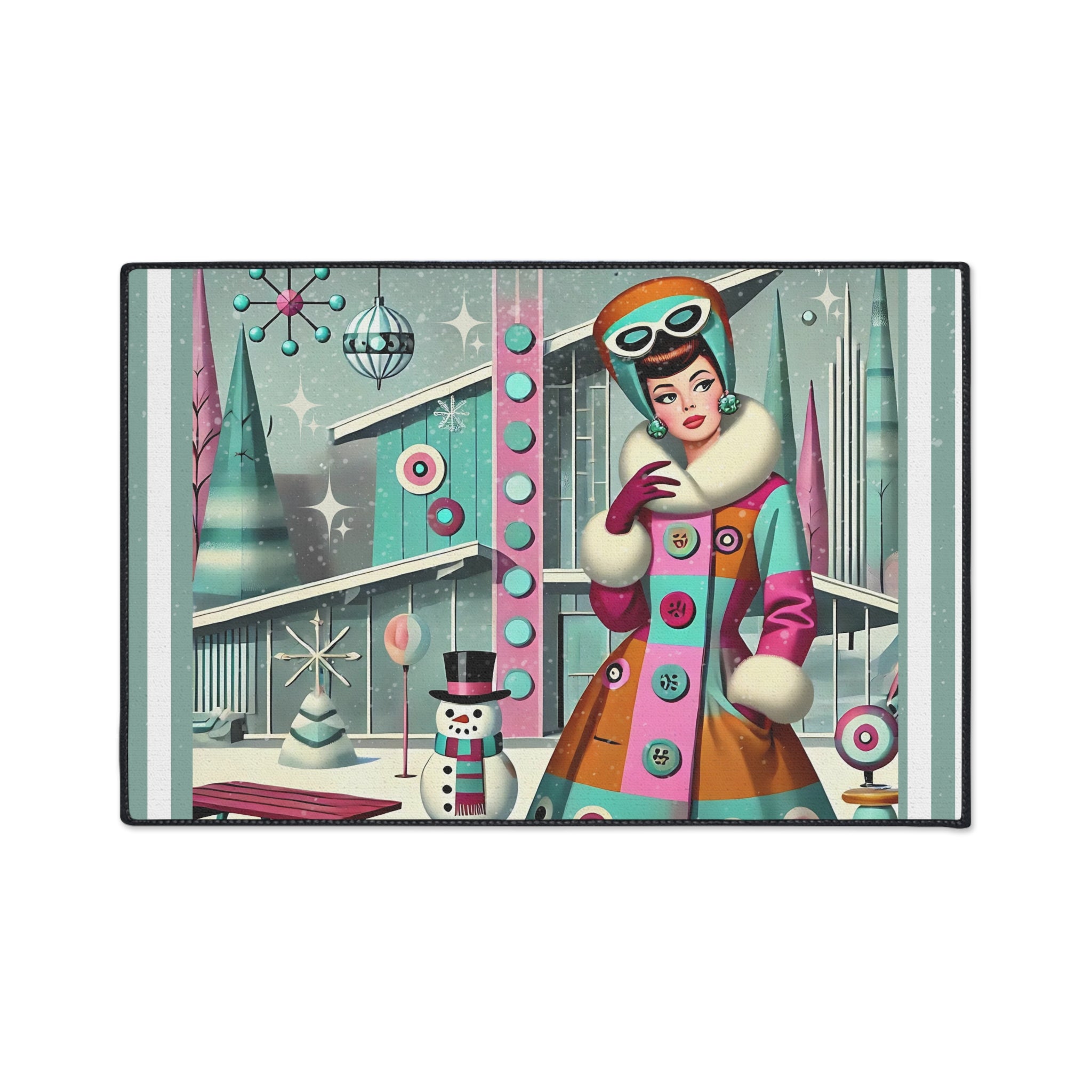Vintage Mod Gal Retro Holiday Heavy Duty Floor Mat with Winter Scene Design - Mid Century Modern Gal
