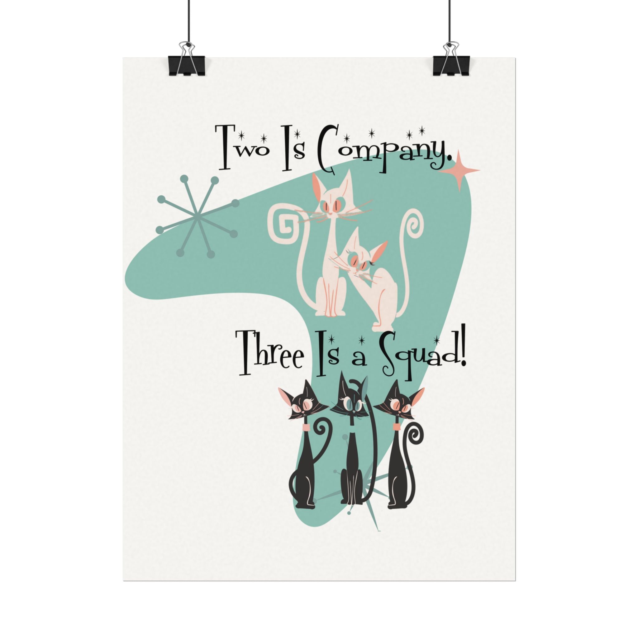 Atomic Cat Office Poster, Mid Mod Kitschy Cute Squad Cats-Themed Art Poster - Mid Century Modern Gal