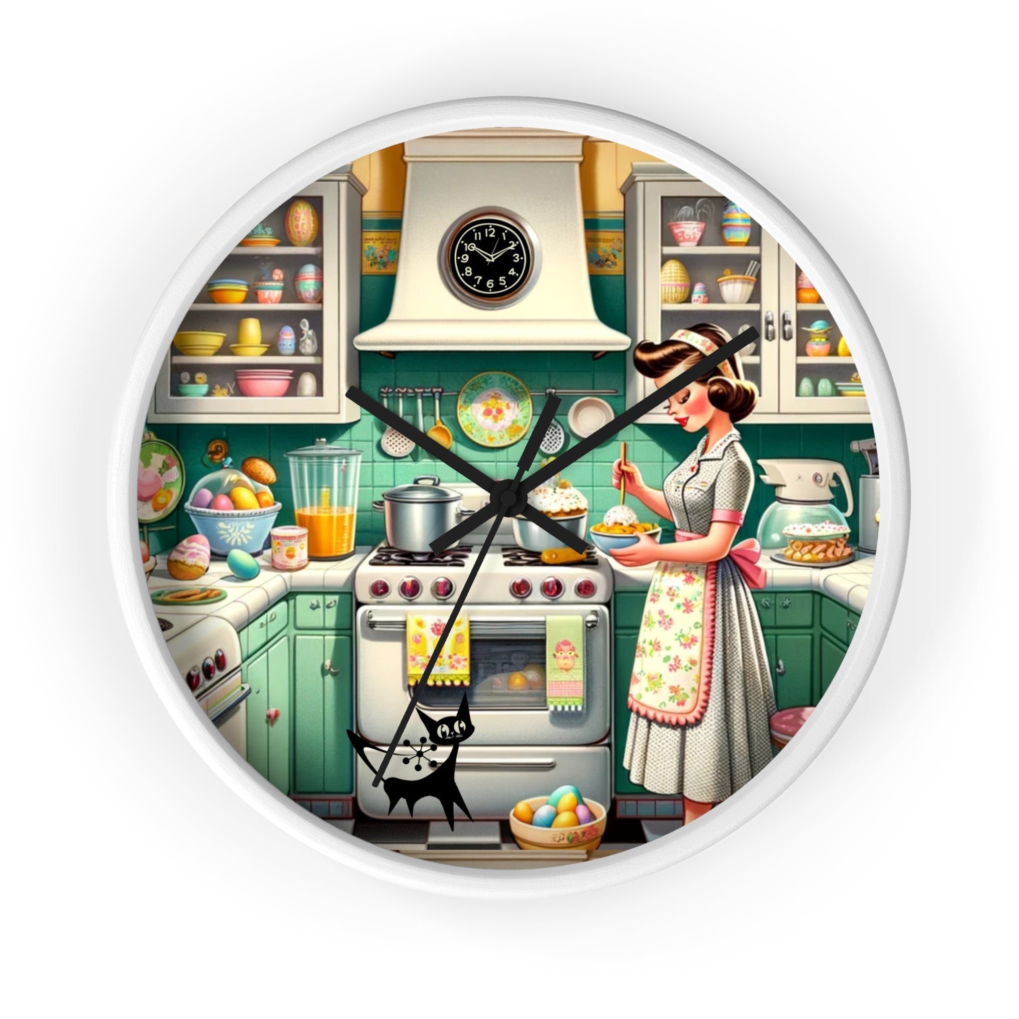 Vintage Kitschy Designed Mid Mod Gal Atomic Cat, Spring Wall Clock with Retro Cooking Design - Mid Century Modern Gal