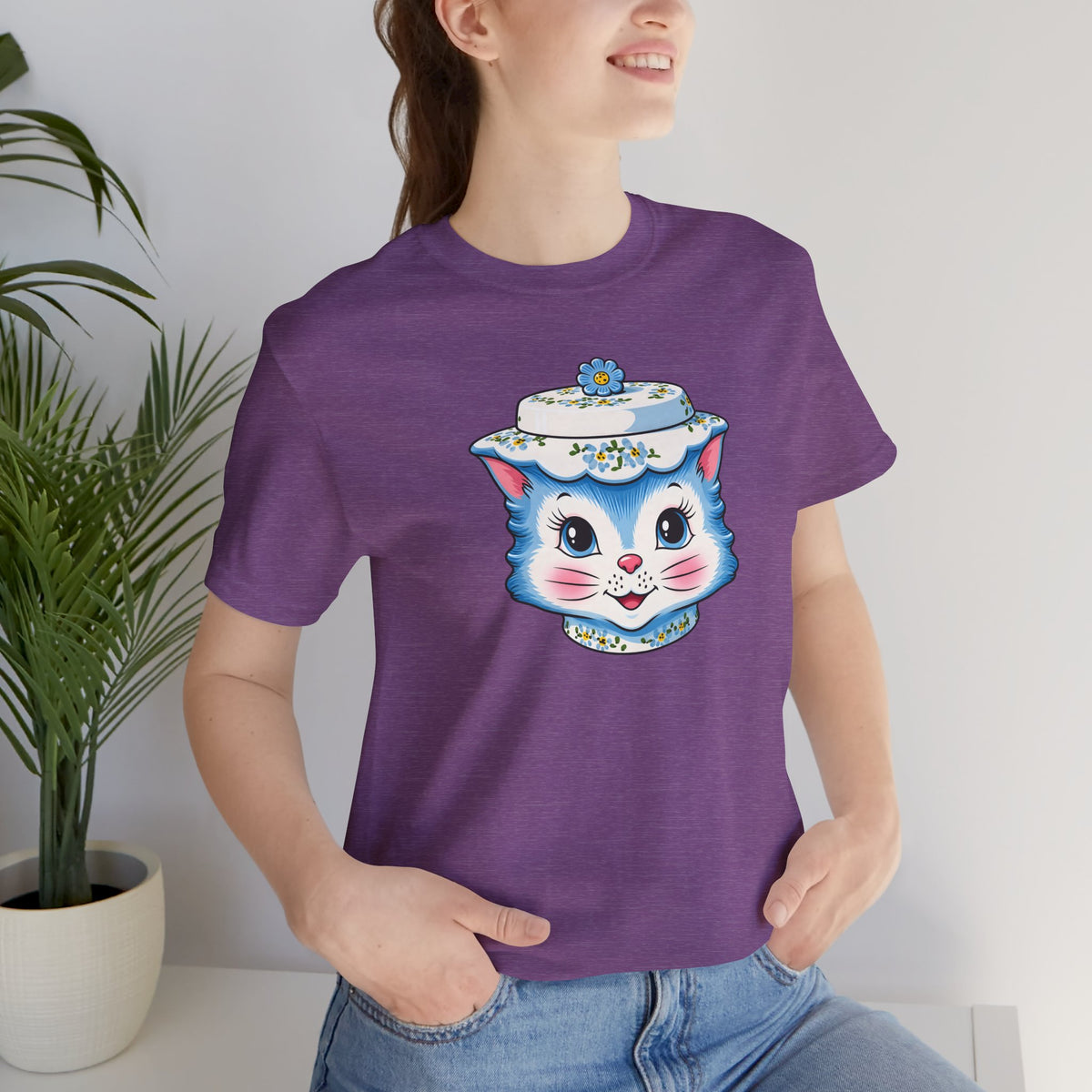 Mid Century Modern Kitschy Anthropomorphic Blue Cat with Floral Hat Unisex T-Shirt