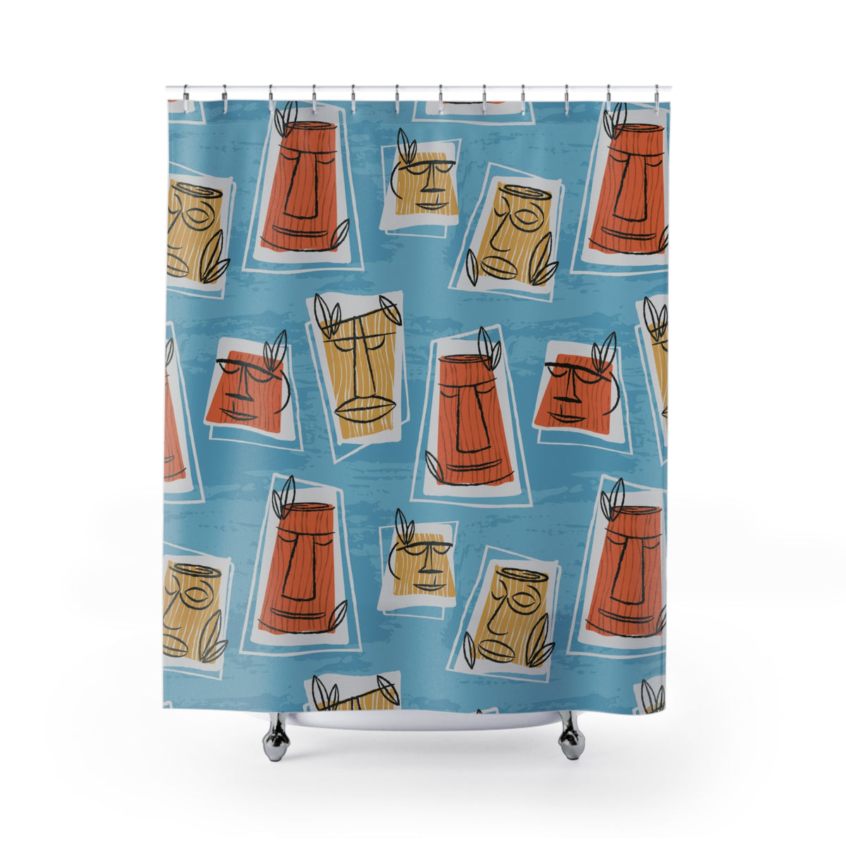 Mid Century Modern Tiki Man, Retro Blue, Yellow, Terracotta Shower Curtain - Mid Century Modern Gal