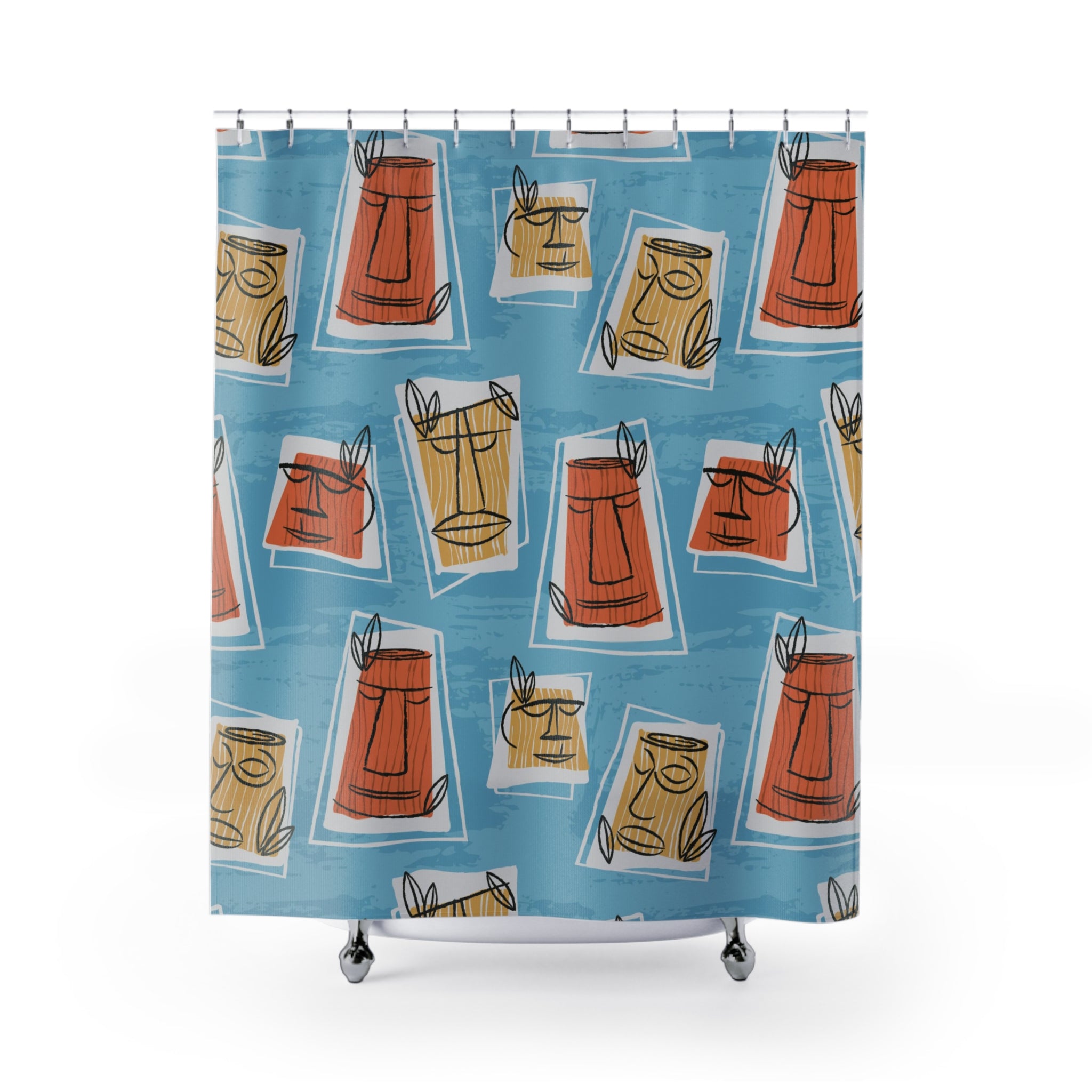 Mid Century Modern Tiki Man, Retro Blue, Yellow, Terracotta Shower Curtain - Mid Century Modern Gal