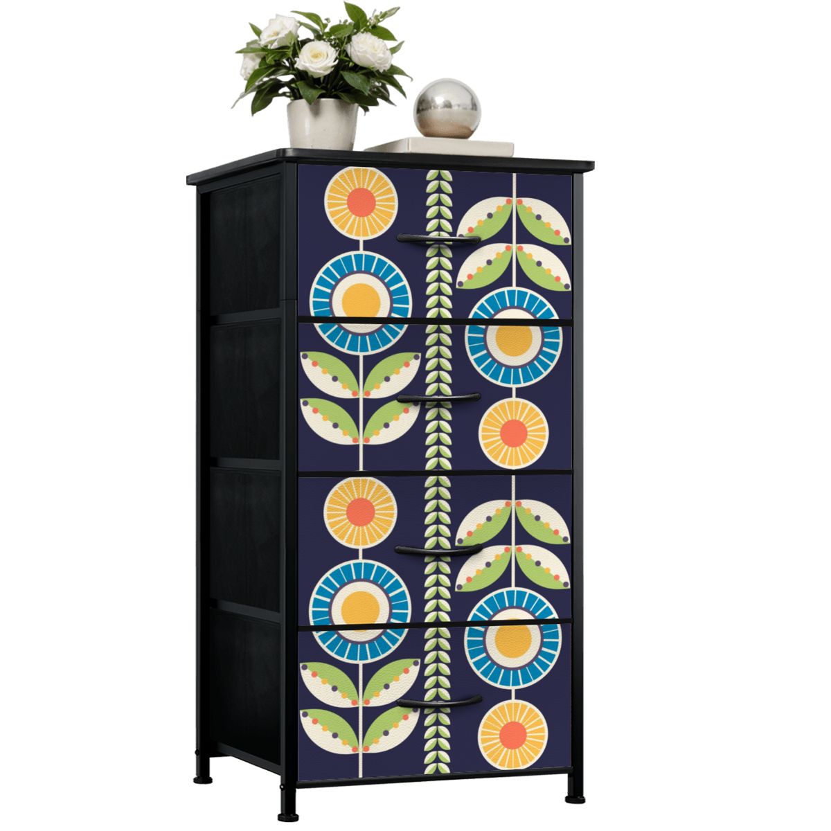 Modern Scandinavian Flower Blue, Orange, Yellow, Green Mid Century Modern 4-Drawer Dresser - Mid Century Modern Gal