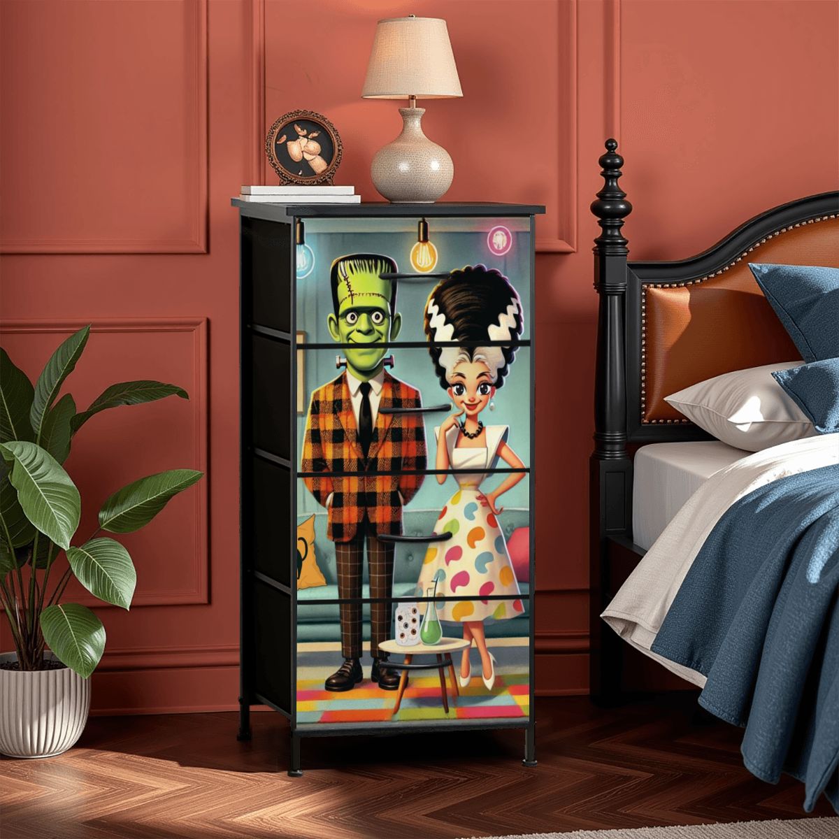 Frankenstein and Bride Of Mid Century Modern Kitschy Retro 4-Drawer Dresser - Mid Century Modern Gal