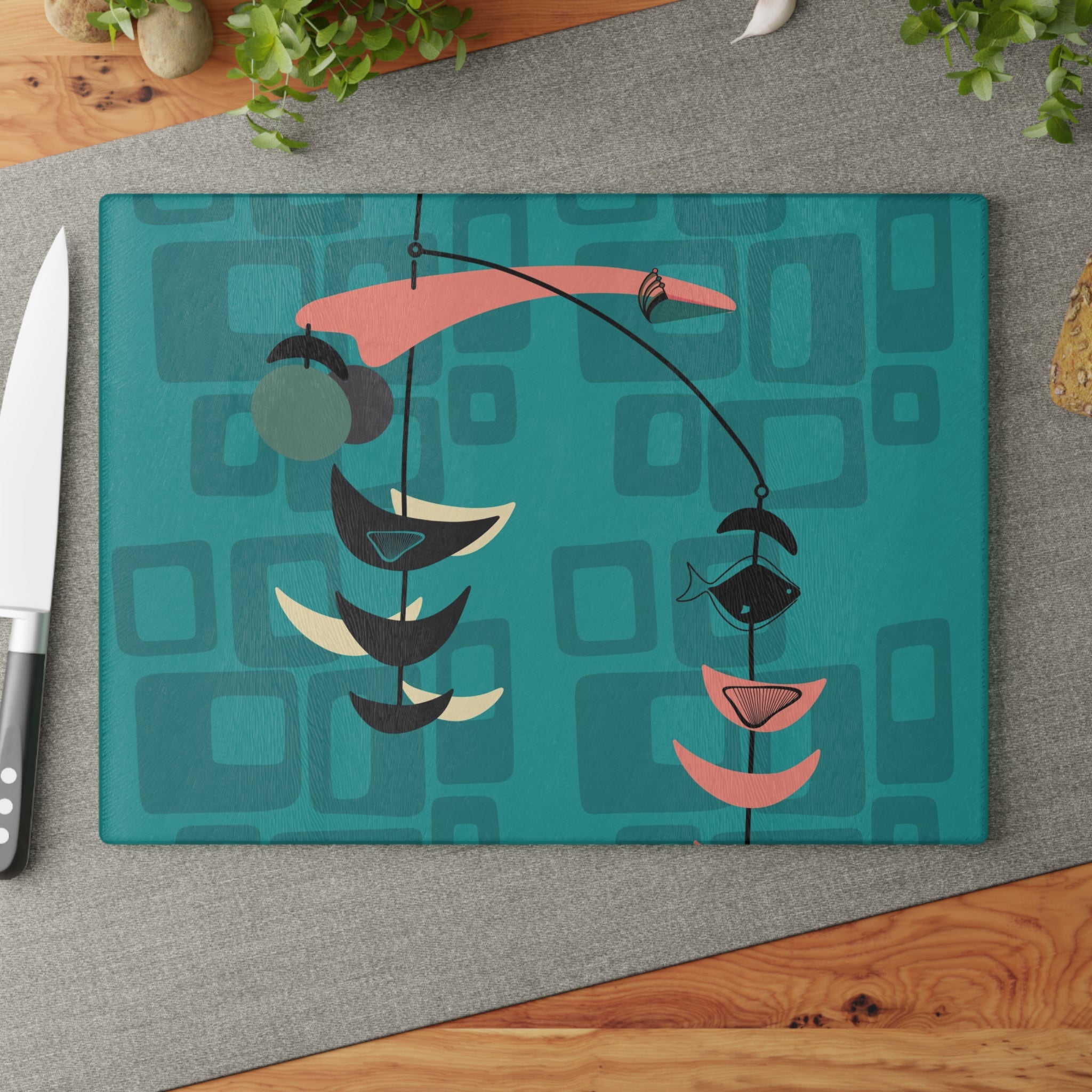 Atomic Fish Mid Century Modern Fish Art Modern Abstract Glass Cutting Board | Colorful Kitchen Decor | Gift for Foodies - Mid Century Modern Gal