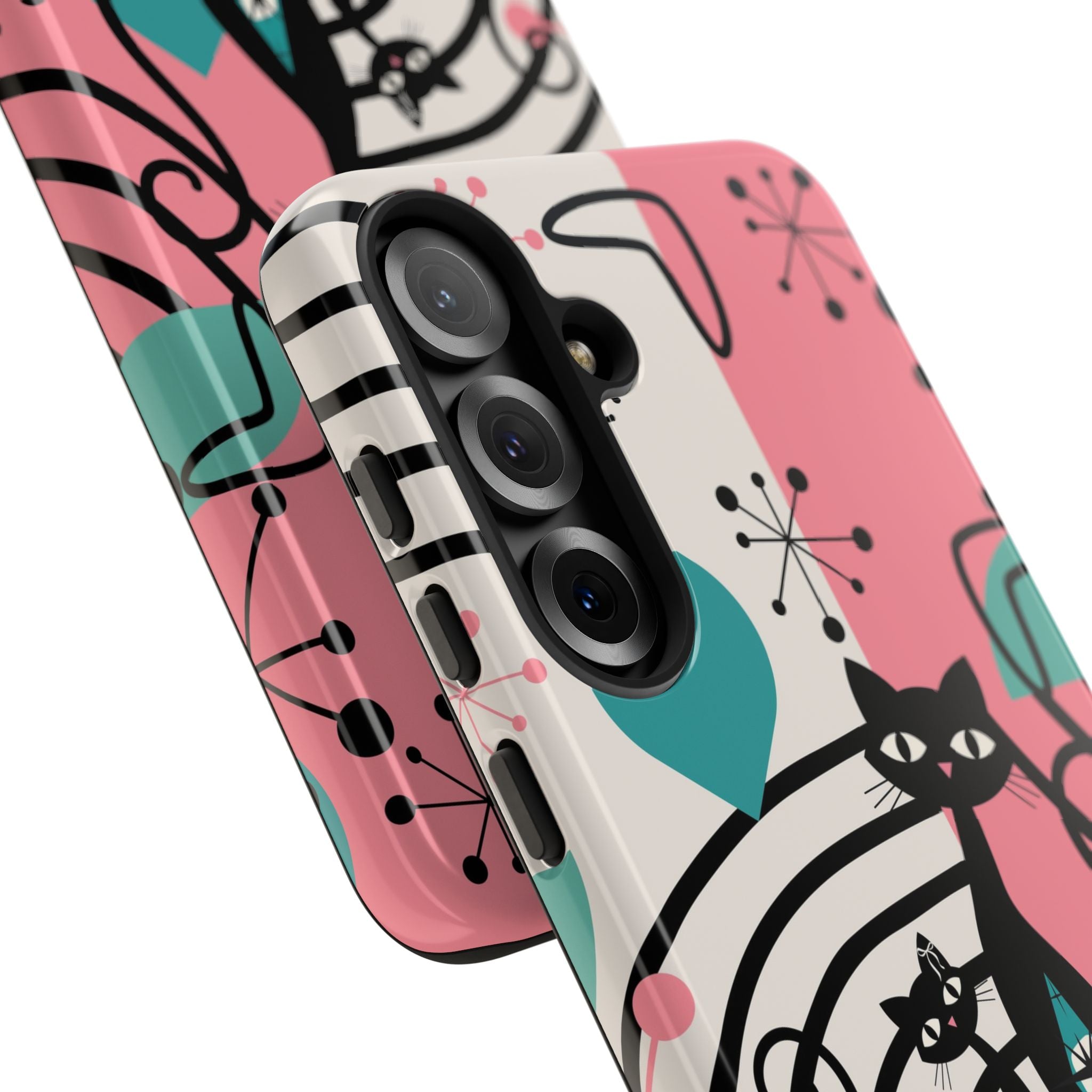Mid Mod Atomic Cat Boomerang Starburst, Pink, Black Kitschy Stylish Cat Phone Case: Modern Design for Cat Lovers