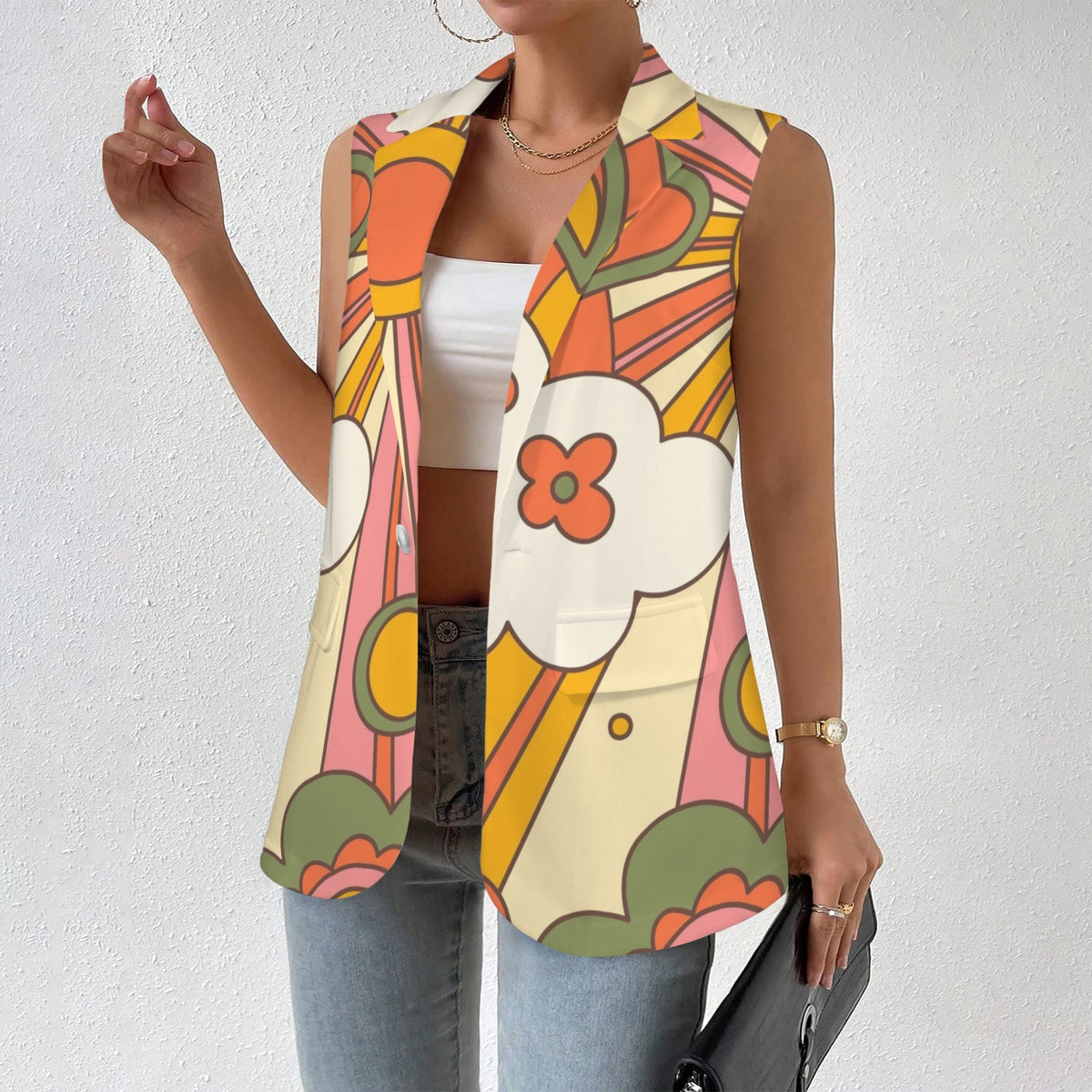 60s 70's vibes (41) Women Sleeveless Suit Vest (Model H71) - Mid Century Modern Gal