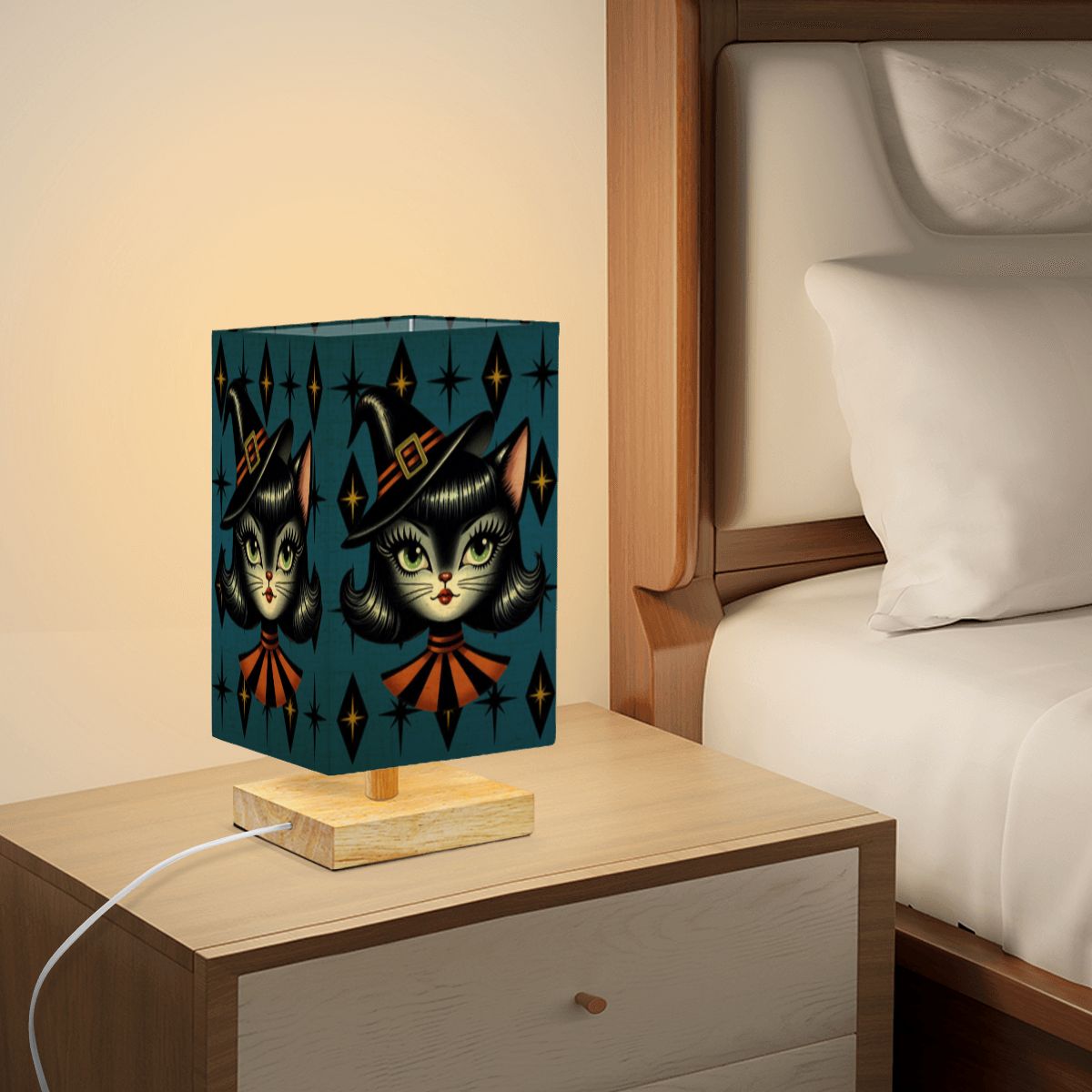 Vintage Halloween Black Cat Sexy Sexton Mid Century Modern Blue Square Table Lamp - Mid Century Modern Gal