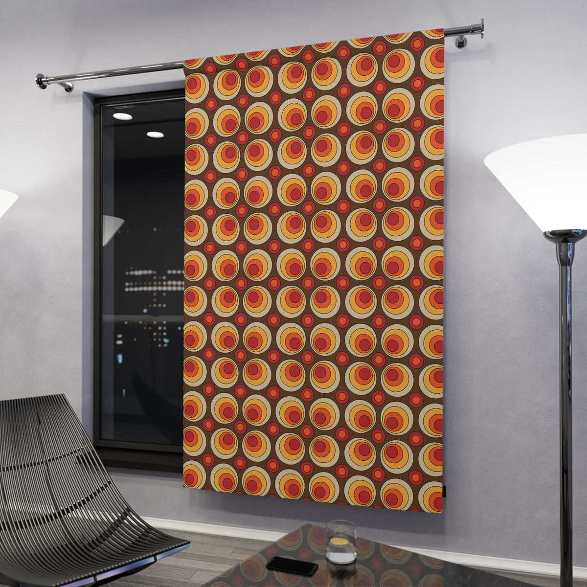 Groovy Retro 70s Space Orbs, Brown, Orange Yellow Mid Mod Window Curtains (1 Piece) - Mid Century Modern Gal