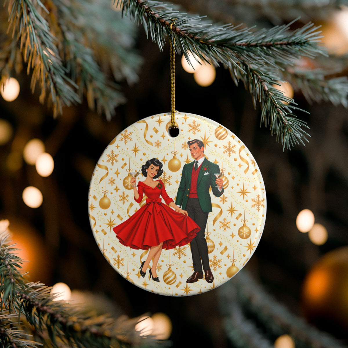 Mid Century Modern Christmas Party Martini Couple Ceramic Christmas Tree Ornament