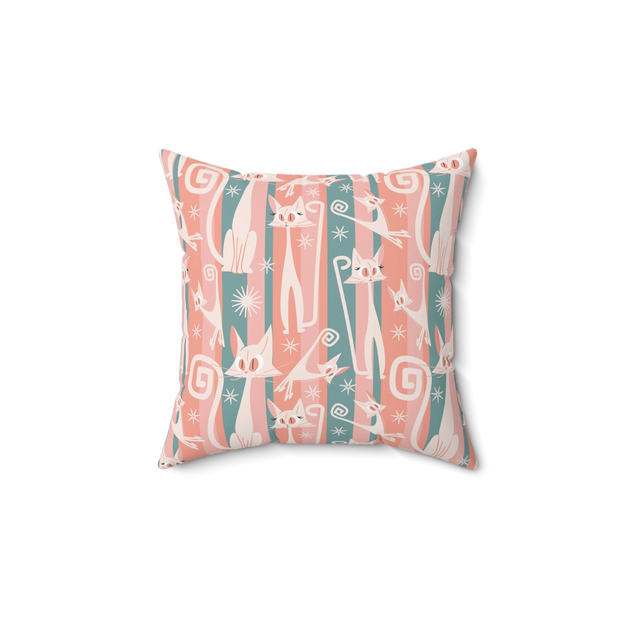 Atomic Cat Coral Pink And Aqua, Kitschy White Kitty Cat, Mid Century Modern Pillow And Insert - Mid Century Modern Gal