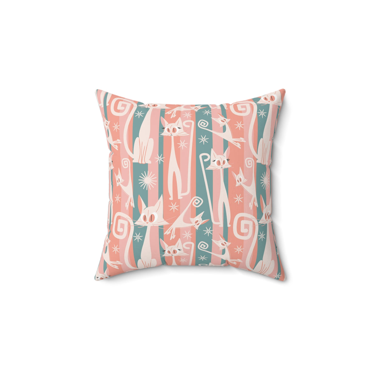 Atomic Cat Coral Pink And Aqua, Kitschy White Kitty Cat, Mid Century Modern Pillow And Insert - Mid Century Modern Gal