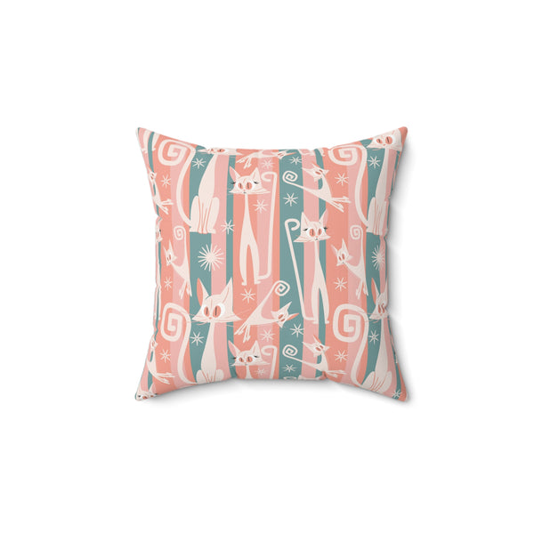 Atomic Cat Coral Pink And Aqua, Kitschy White Kitty Cat, Mid Century Modern Pillow And Insert