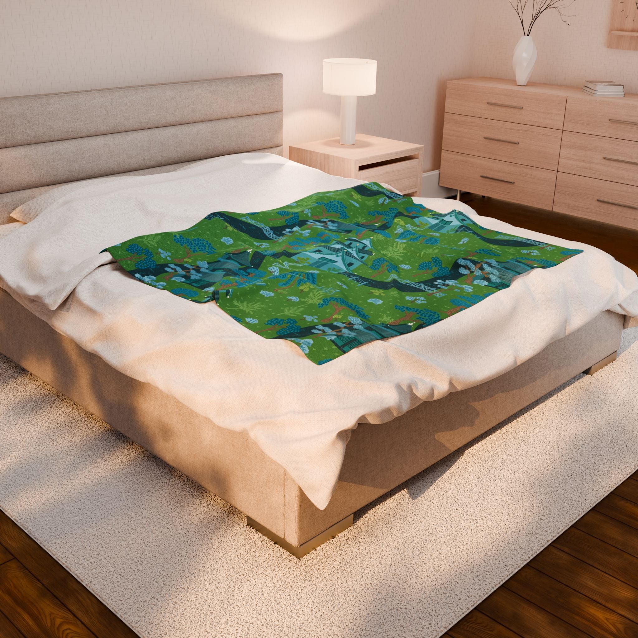 Chinoiserie Throw Blanket, Green, Blue Serene Garden Velveteen Plush Blanket - Cozy Floral Design - Mid Century Modern Gal
