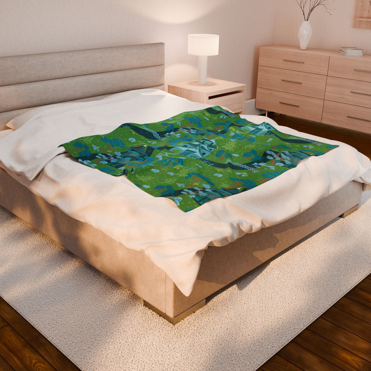 Chinoiserie Throw Blanket, Green, Blue Serene Garden Velveteen Plush Blanket - Cozy Floral Design - Mid Century Modern Gal
