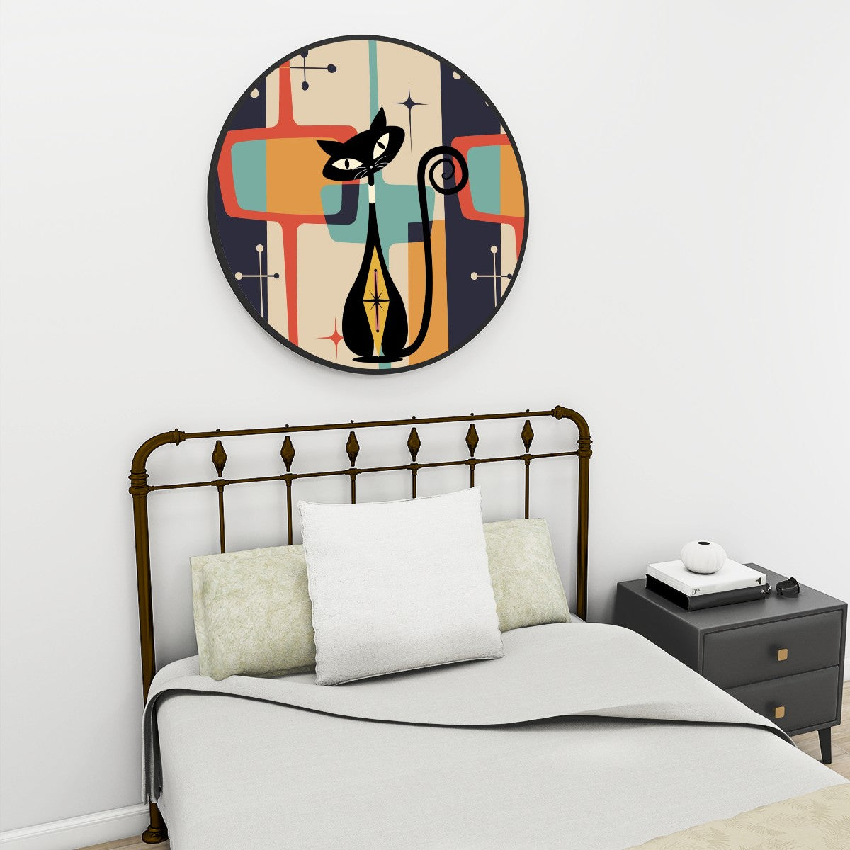 Mid Century Modern Atomic Cat Round Framed Canvas Wall Art - Mid Century Modern Gal