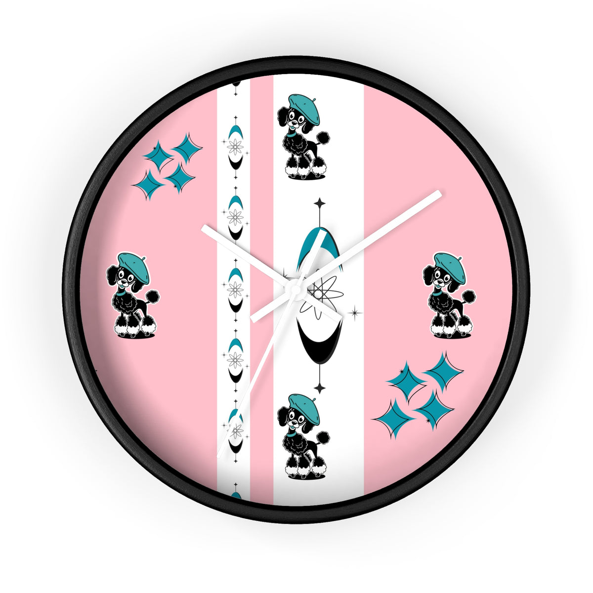 Mid Century Modern Atomic Pink Starburst Wall Clock with Cute Retro Mod Poodle Design - Mid Century Modern Gal